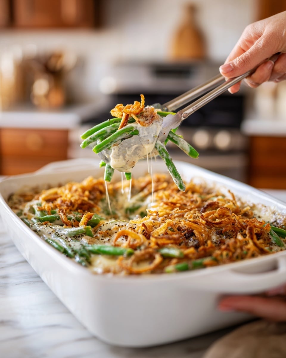 A portion of green bean casserole lifted by silver tongs held by a woman's hand is shown above a white rectangular baking dish. The casserole has visible layers including bright green beans, creamy white sauce mixed with melted cheese, and golden brown crispy fried onions on top that add texture. The green beans are long and slender, coated in the sauce with some black pepper sprinkled on. The background has a soft focus kitchen setting with wooden cabinets and a stove visible, and all items rest on a white marbled surface. Photo taken with an iphone --ar 4:5 --v 7