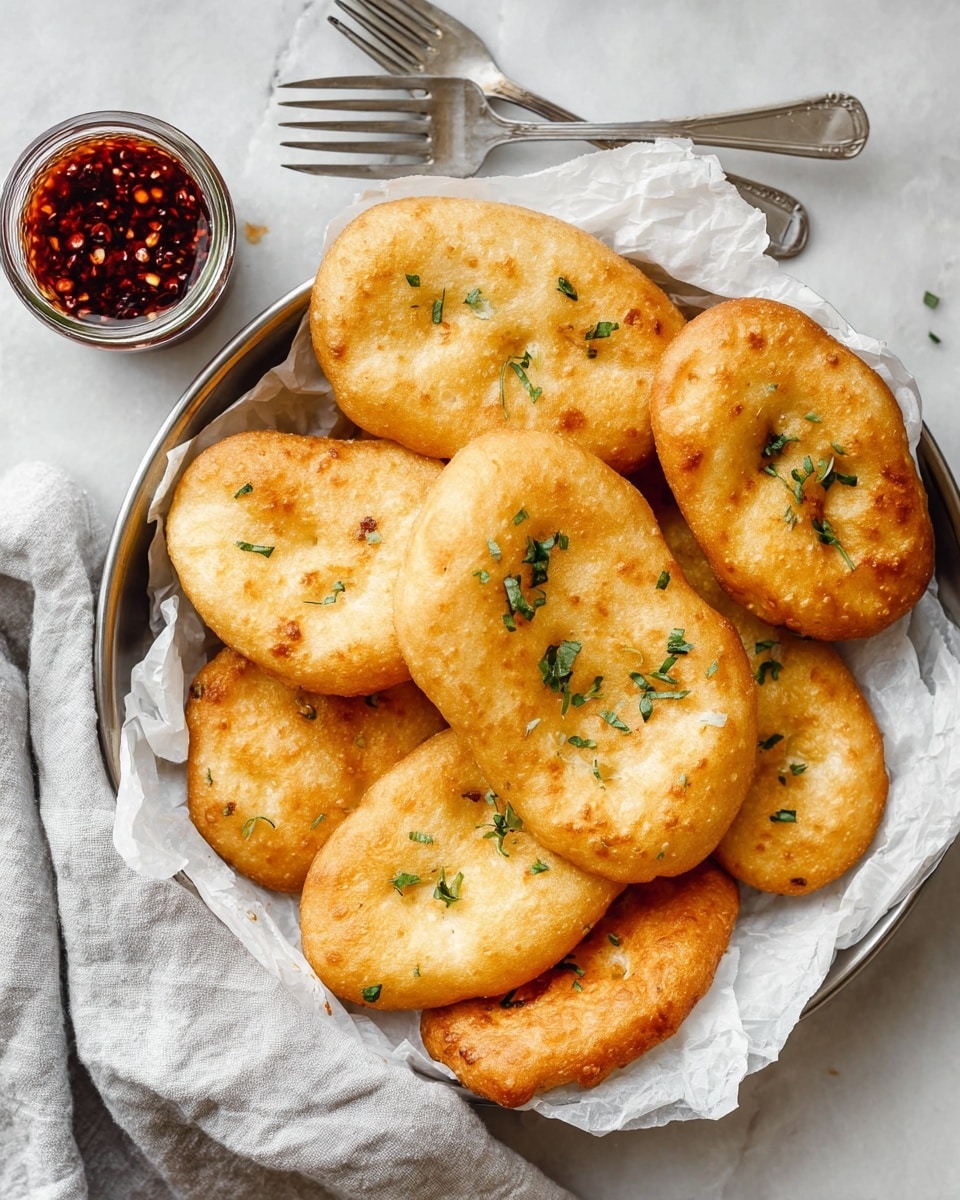 A round silver tray lined with crumpled white parchment paper holds eight golden brown fried bread pieces, each oval-shaped with a slightly puffy texture and small air pockets; they are sprinkled with small green herb bits scattered evenly over the top. A small jar of dark red chili sauce with visible chili flakes sits near the upper left corner on a white marbled surface. A crumpled light gray cloth napkin rests beneath the tray and nearby are two silver forks. The scene is bright and clean with soft natural lighting. photo taken with an iphone --ar 4:5 --v 7
