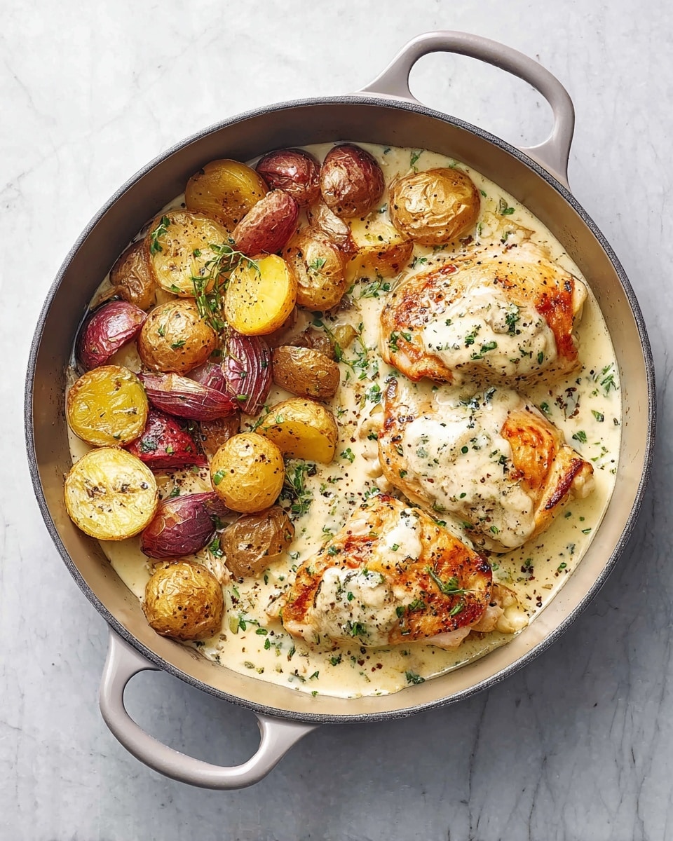A round pan with light gray handles holds three large golden-brown chicken pieces on the right side, each topped with a creamy white sauce sprinkled with herbs and black pepper. On the left side, there are many roasted potato halves with golden, crisped edges, some with red skins and some yellow, all coated lightly by the same creamy sauce that fills the pan's bottom. The pan sits on a white marbled surface. photo taken with an iphone --ar 4:5 --v 7