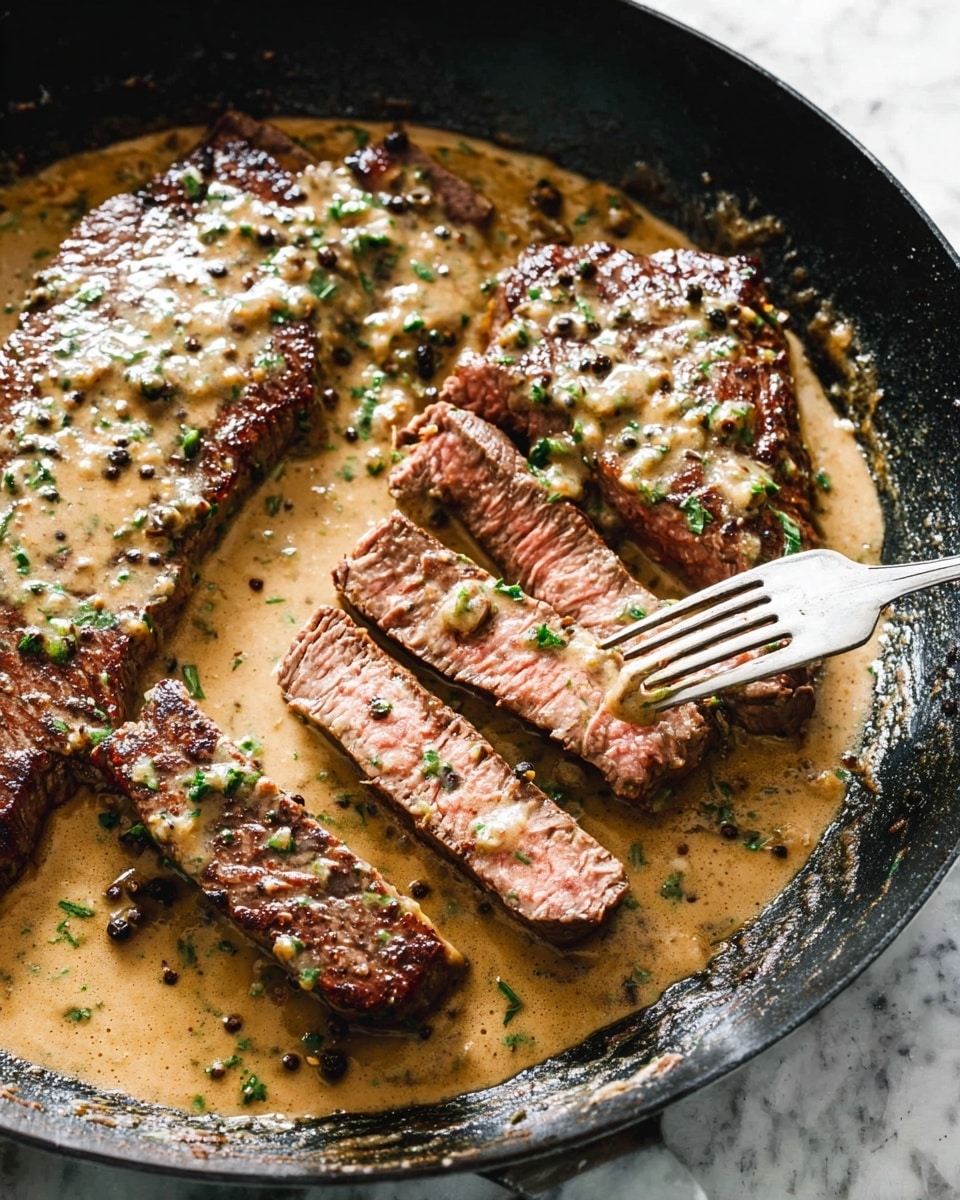 The image shows several pieces of cooked steak in a black pan, covered in a creamy light brown sauce with small green herbs and black peppercorns. One piece of steak is sliced into 3 thin sections showing a pink inside, with a silver fork holding the first slice. The sauce has a smooth and slightly thick texture, pooling around the steak pieces. The pan's surface is dark and rustic with some oily glistening spots. The background is a white marbled texture. photo taken with an iphone --ar 4:5 --v 7