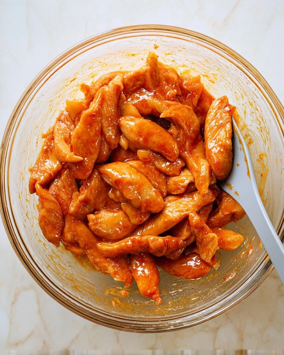 A clear glass bowl filled with raw chicken strips coated in a reddish-orange sauce. The chicken pieces vary in size and shape, layered closely together in a glossy, thick marinade. A light gray spatula rests inside the bowl on the right side, partially covered with the same sauce. The background is a white marbled surface. photo taken with an iphone --ar 4:5 --v 7