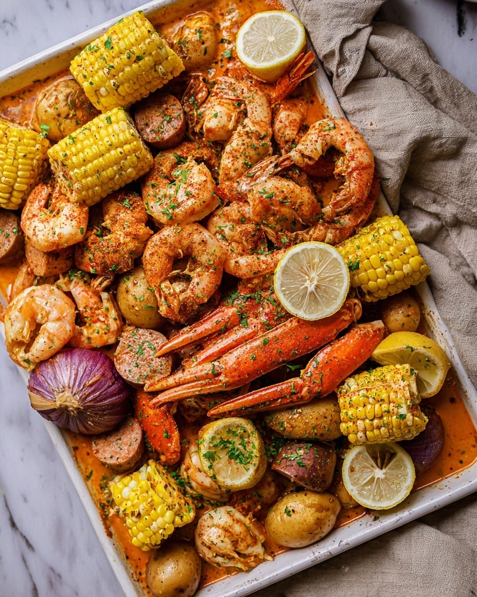 A large white tray is full of a colorful seafood boil with three main layers. The bottom layer is a stew-like spicy sauce, orange in color with herbs sprinkled on top. The middle layer holds yellow corn on the cob pieces, small red and yellow round potatoes, and light brown sausage slices. The top layer has bright orange crab legs and whole shrimp with shells on, some darker and more textured with seasoning. There are also lemon wedges scattered around adding brightness. Everything is covered with finely chopped green herbs and seasoning. The setup is on a white marbled textured surface with a beige cloth on the tray's right edge. Photo taken with an iphone --ar 4:5 --v 7