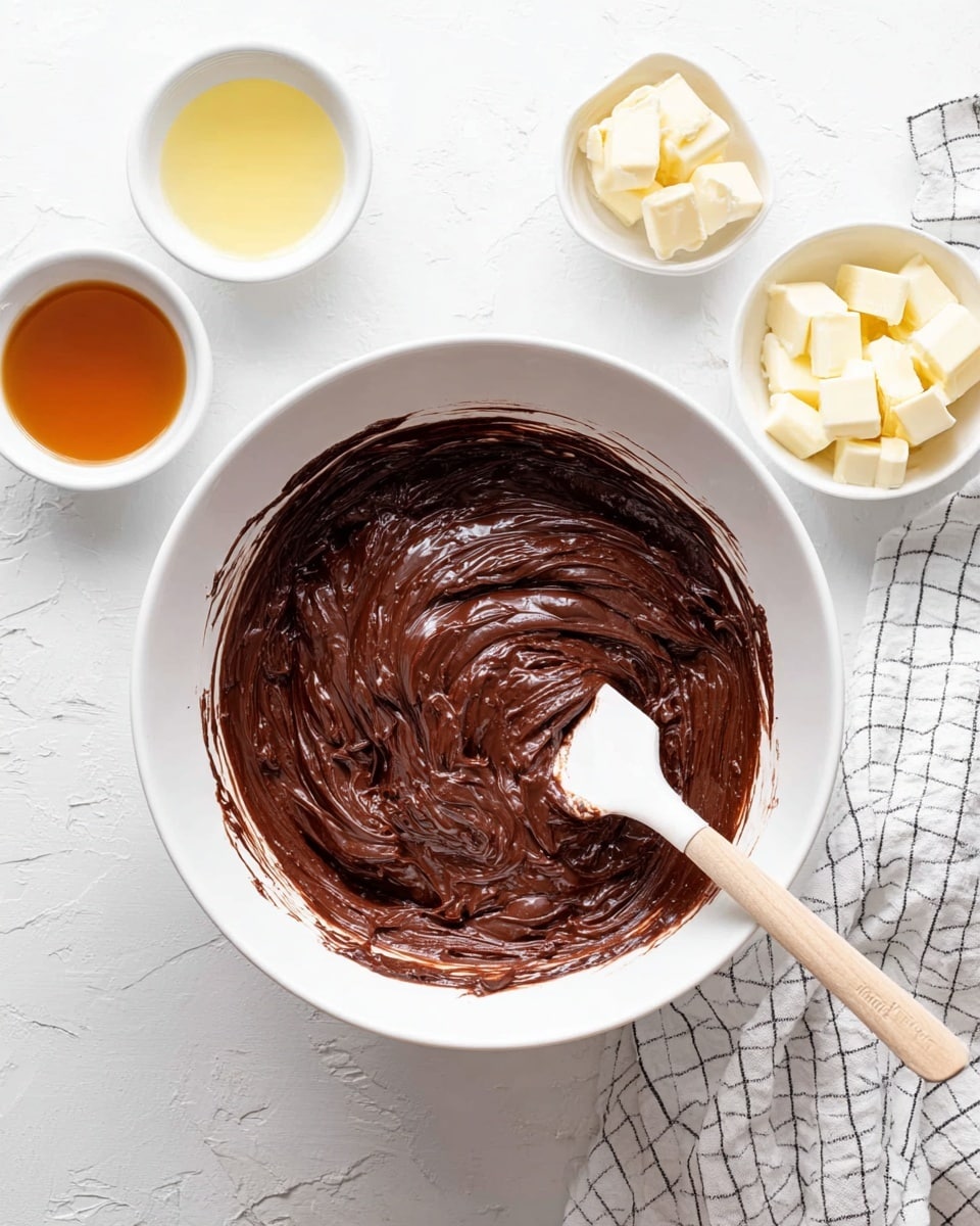 A white bowl sits in the center filled with thick, shiny dark brown chocolate batter, with smooth swirls all over its surface. Inside the bowl is a white spatula with some batter on its flat end, resting slightly tilted. Around the bowl are small white bowls containing light yellow and dark amber liquids, and white solid pieces. In the top right corner, a white cloth with a black grid pattern is loosely placed. All items rest on a white marbled textured surface. photo taken with an iphone --ar 4:5 --v 7