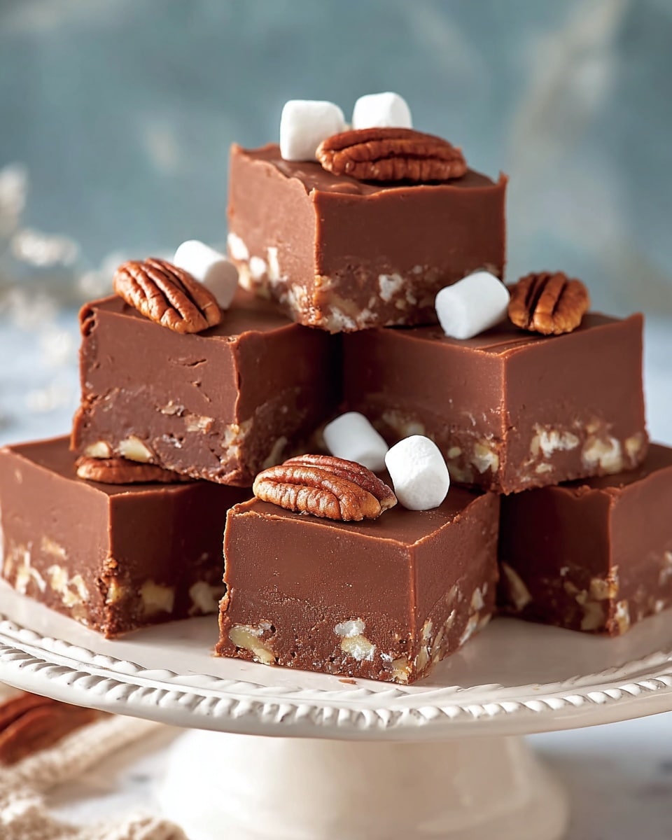 The image shows six square pieces of chocolate fudge stacked on a white decorative cake stand. Each piece of fudge has two layers: a thick smooth glossy dark brown chocolate layer on top and a slightly lighter brown base layer mixed with chopped nuts. Each piece is topped with a half pecan, adding texture and a bit of color contrast with the rich chocolate. The cake stand has intricate patterns and a soft shine, and the background is softly blurred with warm orange and yellow tones, all placed on a white marbled surface. photo taken with an iphone --ar 4:5 --v 7