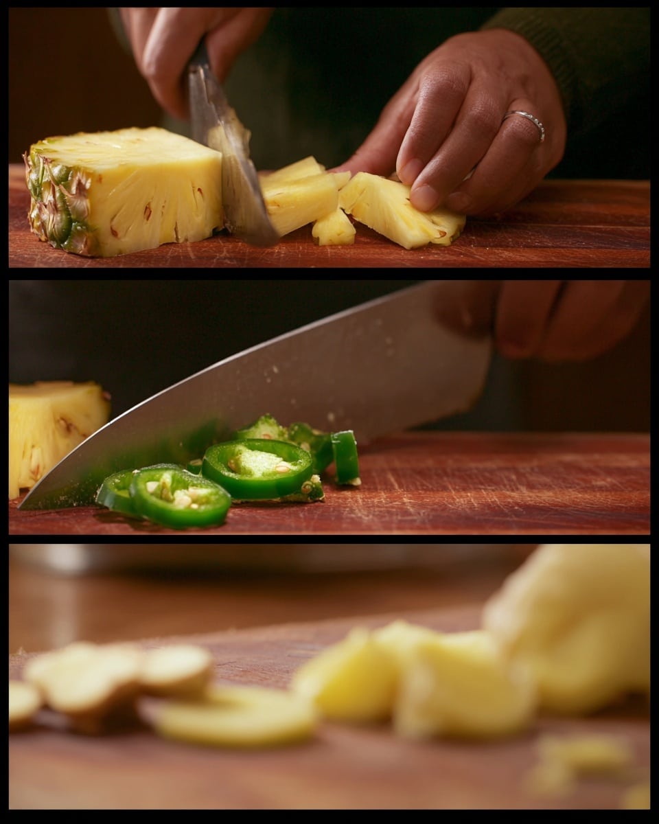 The image shows three close-up frames of a woman's hand chopping different ingredients on a wooden cutting board. In the first frame, a woman’s hand is holding a knife slicing a piece of pineapple that has a pale yellow color with a textured skin edge, and there are small circular cuts on the pineapple’s surface. The second frame shows a woman’s hand slicing a bright green jalapeño pepper into thin round pieces, revealing the light seeds inside. In the third frame, a woman’s hand is cutting thin slices of light yellow ginger root, with more ginger visible in the blurred foreground on the cutting board. The background is softly blurred with warm tones, and the cutting board has a rich reddish-brown wooden texture. photo taken with an iphone --ar 4:5 --v 7