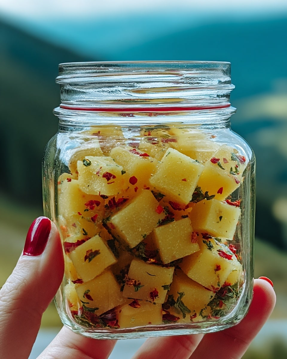 A clear glass jar is filled with light yellow cubes that look soft and soaked. The cubes are evenly spread inside the jar and mixed with small red and green flakes scattered all around. A woman's hand with red polished nails is holding the jar from the left side. In the background, there is a soft blend of green and blue colors suggesting nature or mountains, but it is blurred for focus on the jar. The lighting highlights the shiny texture and translucence of the cubes and the jar. photo taken with an iphone --ar 4:5 --v 7