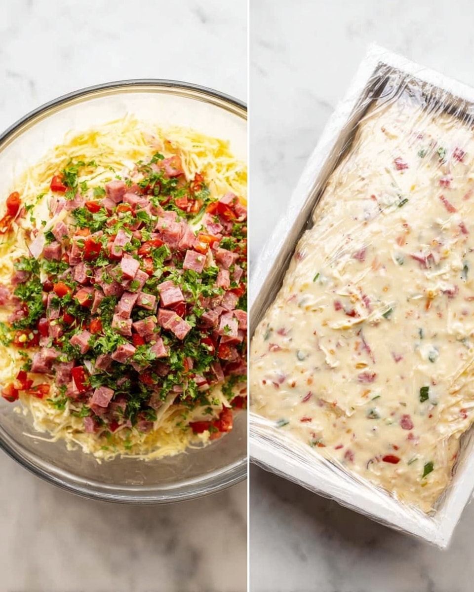 The image has two parts: on the left, there is a clear glass bowl filled with several layers of ingredients. At the bottom, light yellow shredded cheese is visible, topped with small pieces of pink cured meat, finely chopped green herbs, and diced bright red tomatoes. On the right side, there is a rectangular white tray covered with clear plastic wrap, filled with a creamy beige mixture with tiny bits of red and green ingredients spread evenly across the whole surface. Both items are set on a white marbled surface. photo taken with an iphone --ar 4:5 --v 7