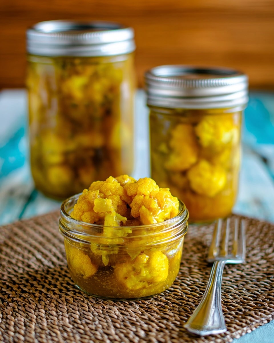 The image shows a small glass jar filled with yellow curried cauliflower pieces layered with a thick sauce that looks chunky and glossy, placed on a woven placemat. Behind this jar, there are two taller glass jars full of the same yellow curried cauliflower, with metal lids, slightly blurred. A silver fork rests to the right on the placemat, and the setting is against a soft, blurred background with light blue and brown tones. The scene is lit naturally, highlighting the vibrant yellow color of the dish. Photo taken with an iphone --ar 4:5 --v 7