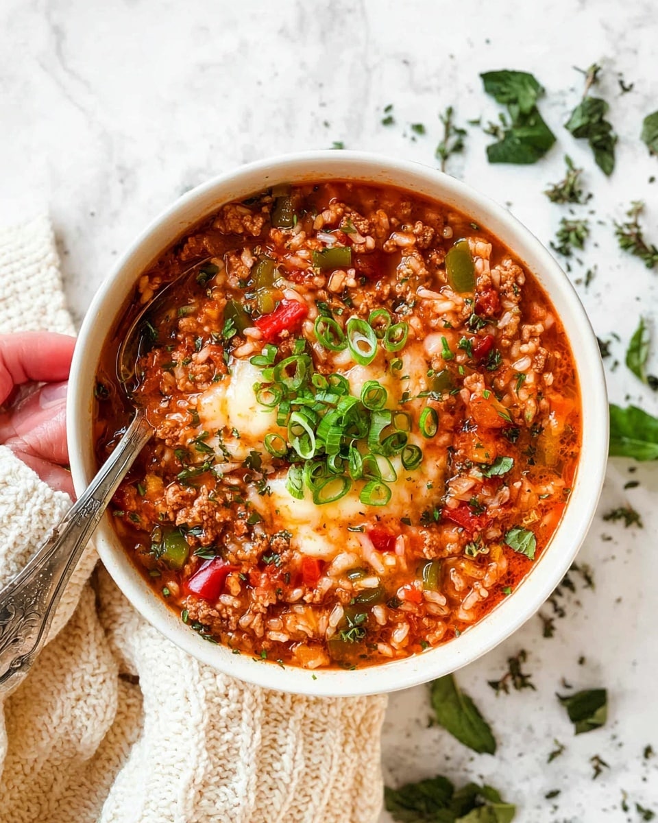 A close-up view of a white bowl filled with thick, rich tomato soup mixed with ground meat and small pieces of red and green bell peppers. The orange-red soup has a chunky texture and melting white cheese strands spread through it, giving a creamy look. A gold ladle lifts a scoop of the soup, showing the mix of meat, vegetables, and cheese. The background is white marble. photo taken with an iphone --ar 4:5 --v 7