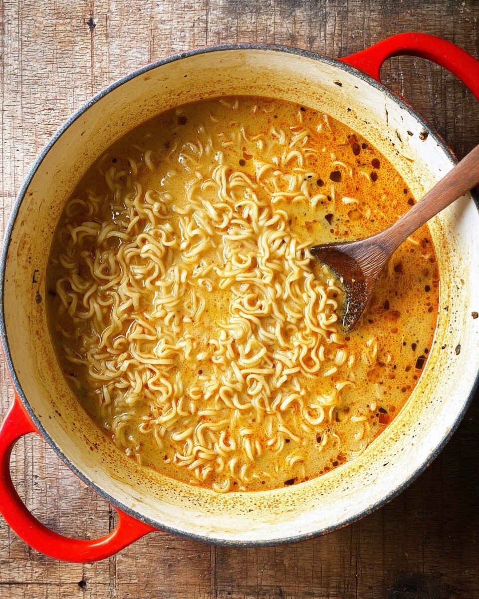 The image shows a large white pot with red handles filled with ramen noodles in a creamy broth. The broth has a light orange color with slightly oily spots and tiny black specks spread throughout. The noodles are thin, curly, and pale yellow, swirling inside the broth in an uneven layer that fills most of the pot. A wooden spoon is resting in the pot, scooping some noodles and broth from the right side toward the center. The pot sits on a wooden surface with a natural, worn texture. photo taken with an iphone --ar 4:5 --v 7