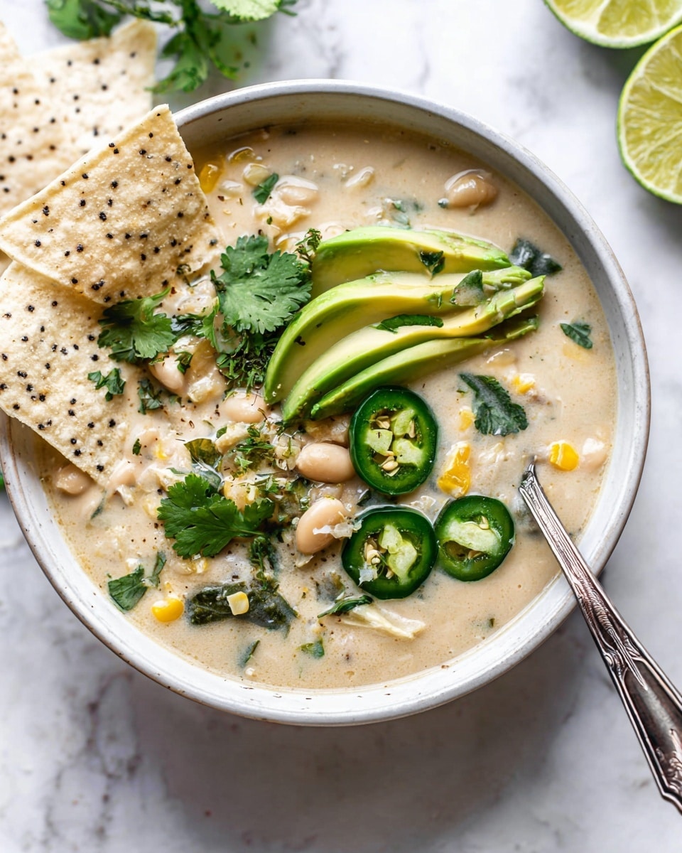 A white bowl is filled with creamy white chili soup that shows small chunks of white beans, corn, and green peppers in its smooth texture. On top, there are green slices of avocado fanned out, round slices of dark green jalapeño, and fresh cilantro leaves scattered around. A quarter of a lime sits on the right side of the bowl, adding a splash of green. Pieces of white tortilla chips with black seeds are partly dipped on the left side. A vintage silver spoon rests inside the bowl on the upper right edge. The bowl is placed on a white marbled surface. Photo taken with an iphone --ar 4:5 --v 7