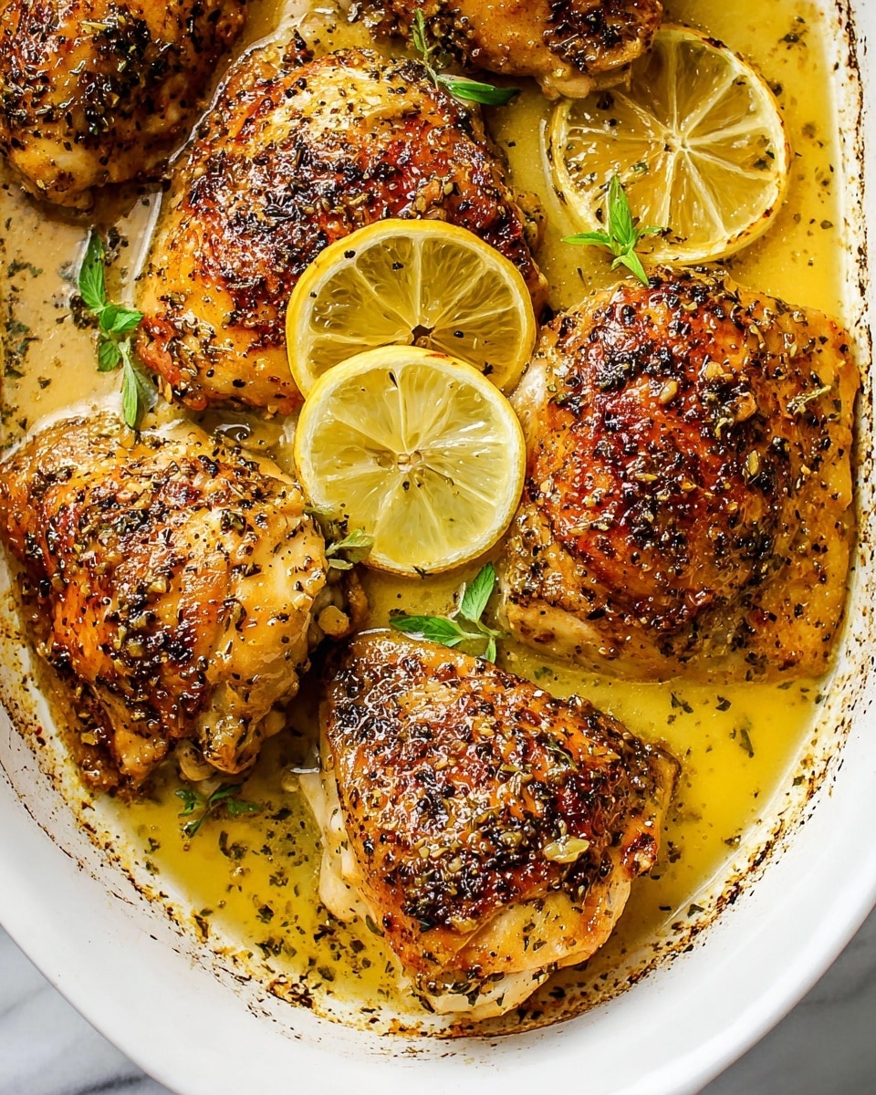 The image shows a white baking dish filled with eight pieces of roasted chicken thighs arranged in two vertical columns. Each chicken thigh has a golden-brown, crispy skin with visible herbs and spices sprinkled on top, including small green thyme leaves. The chicken sits in a shallow layer of golden cooking juices, which cover the bottom of the dish and create a slight shine on the chicken. The edges of the dish show some browning from roasting, and the background is a white marbled surface. photo taken with an iphone --ar 4:5 --v 7
