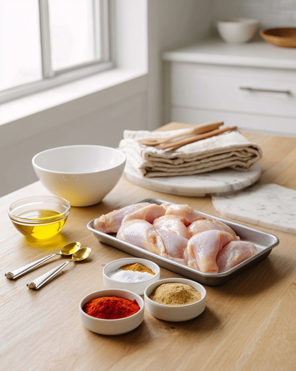 The image shows a wooden table with a small metal tray holding four raw chicken pieces with a light pink color, placed on the right side. In front of the tray, three small white bowls contain spices: one with bright red powder, one with light brown powder, and one with off-white powder. To the left, there is a small white bowl filled with salt, a small glass bowl with golden yellow oil, and another empty glass bowl near the back. Two measuring spoons with silver and gold tones lay next to the bowls. Behind all these, there is a stack of beige cloth napkins with a wooden spoon resting on top, and a large empty white bowl further back. The background shows white kitchen cabinets and a window, with the table set on a white marbled surface. photo taken with an iphone --ar 4:5 --v 7