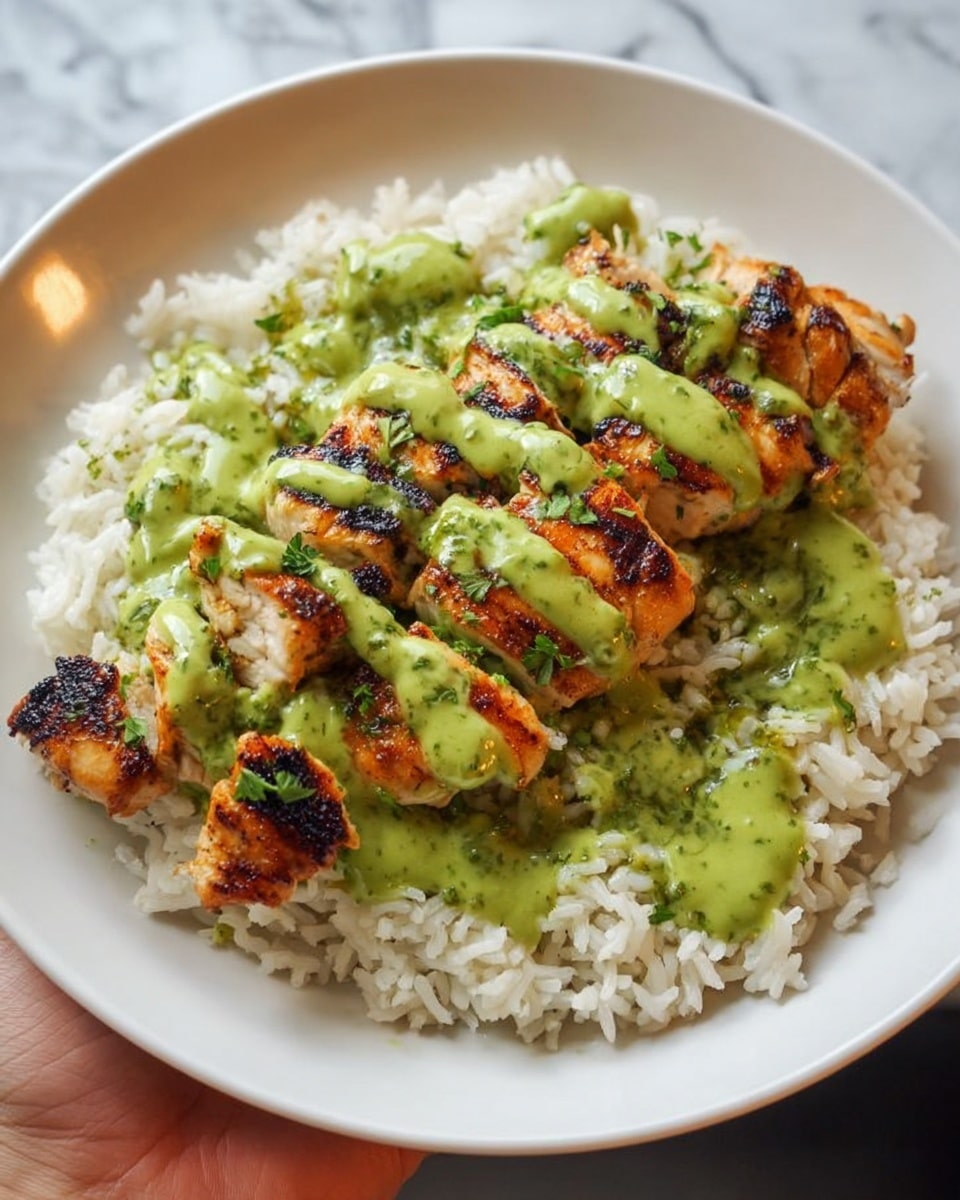 A white plate shows a bed of cooked white rice at the bottom, fluffy and slightly separated. On top of the rice are several pieces of grilled chicken, golden-brown with light char marks, arranged side by side in one layer. Bright green sauce with a thick, smooth texture spreads evenly over the chicken pieces, drizzling slightly down towards the rice. Small bits of fresh green herbs are sprinkled on top of the sauce. The plate is placed on a white marbled surface, and a woman’s hand is holding the plate from the side. photo taken with an iphone --ar 4:5 --v 7