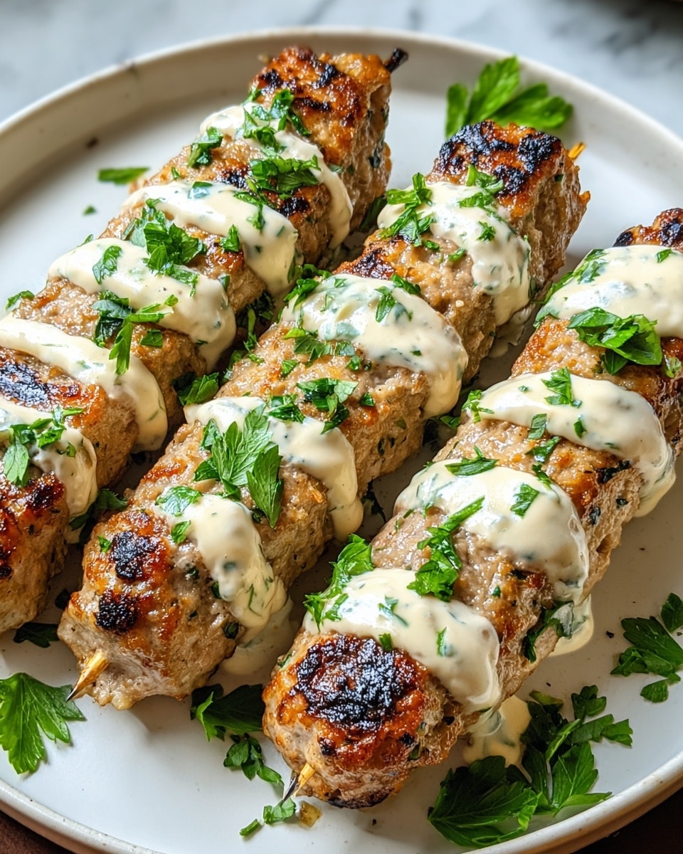 Three grilled meat skewers lie side by side on a white plate, each skewer showing a golden brown color with some darker char marks. A creamy white sauce with green herbs is drizzled over each skewer in a wavy pattern. Fresh green parsley leaves are scattered on top of the meat and around the skewers, adding bright pops of color. The plate rests on a white marbled surface. photo taken with an iphone --ar 4:5 --v 7