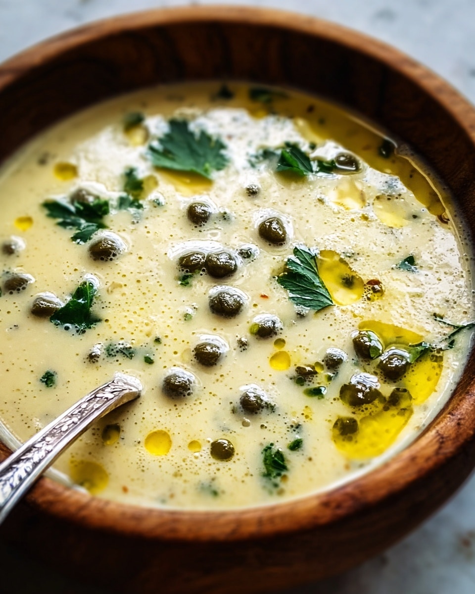 A close-up view of a creamy soup in a wooden bowl, filled to the brim with a thick, pale yellow mixture that has small green peas and fresh parsley leaves scattered on top. There are small drops of golden olive oil glistening across the surface, adding shine and texture. A silver spoon is partially submerged in the soup, with the handle resting on the edge of the bowl. The bowl sits on a white marbled surface, enhancing the natural colors of the soup and bowl. photo taken with an iphone --ar 4:5 --v 7