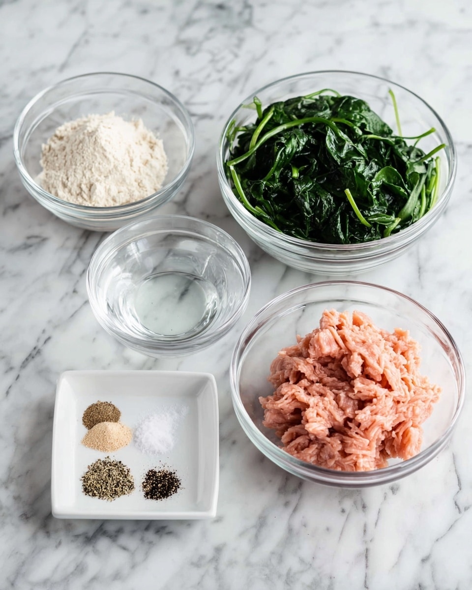The image shows five clear glass bowls and one white square bowl placed on a white marbled surface. In the largest clear bowl at the front right, there is a light pink minced meat with a soft texture. Behind it to the right, a medium-sized clear bowl holds dark green sautéed spinach leaves with stems. To the left, a medium-sized clear bowl contains a white powdery substance. Next to it, a small clear bowl holds a clear liquid. Finally, in the white square bowl at the front left, there are small piles of different spices: some light brown powder, black pepper, and white salt arranged in separate sections. The arrangement is neat, and the lighting is bright and natural. Photo taken with an iphone --ar 4:5 --v 7