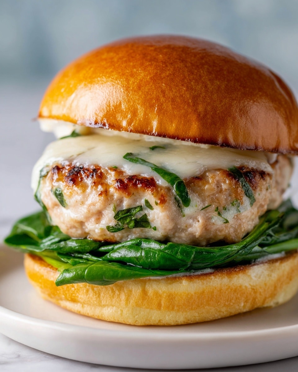 A close-up of a sandwich showing three main layers inside a soft, shiny golden bun. The bottom layer is fresh green spinach leaves with a smooth texture. On top of the spinach, there are two thick, round chicken patties with a light brown grilled surface with some green herb pieces mixed in, and melted white cheese oozing between the patties. The bun’s top has a slightly toasted look with a smooth, soft texture. The sandwich is placed on a white plate with a white marbled background. photo taken with an iphone --ar 4:5 --v 7
