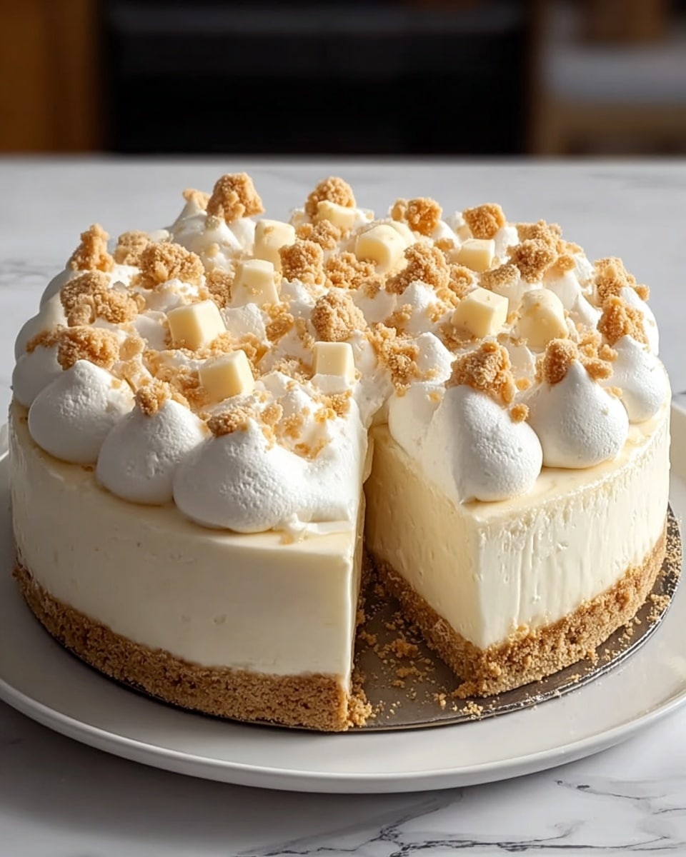 A round cheesecake with three layers sits on a white plate over a white marbled surface. The bottom layer is a crumbly light brown crust that spreads evenly along the base. Above that is a thick, smooth pale cream layer of cheesecake. The top layer features many large dollops of white whipped cream arranged closely across the surface. Each dollop is sprinkled with small pieces of beige crumbs and a few white square chunks. One side of the cake shows a slice taken out, revealing the clean layers inside. Photo taken with an iphone --ar 4:5 --v 7