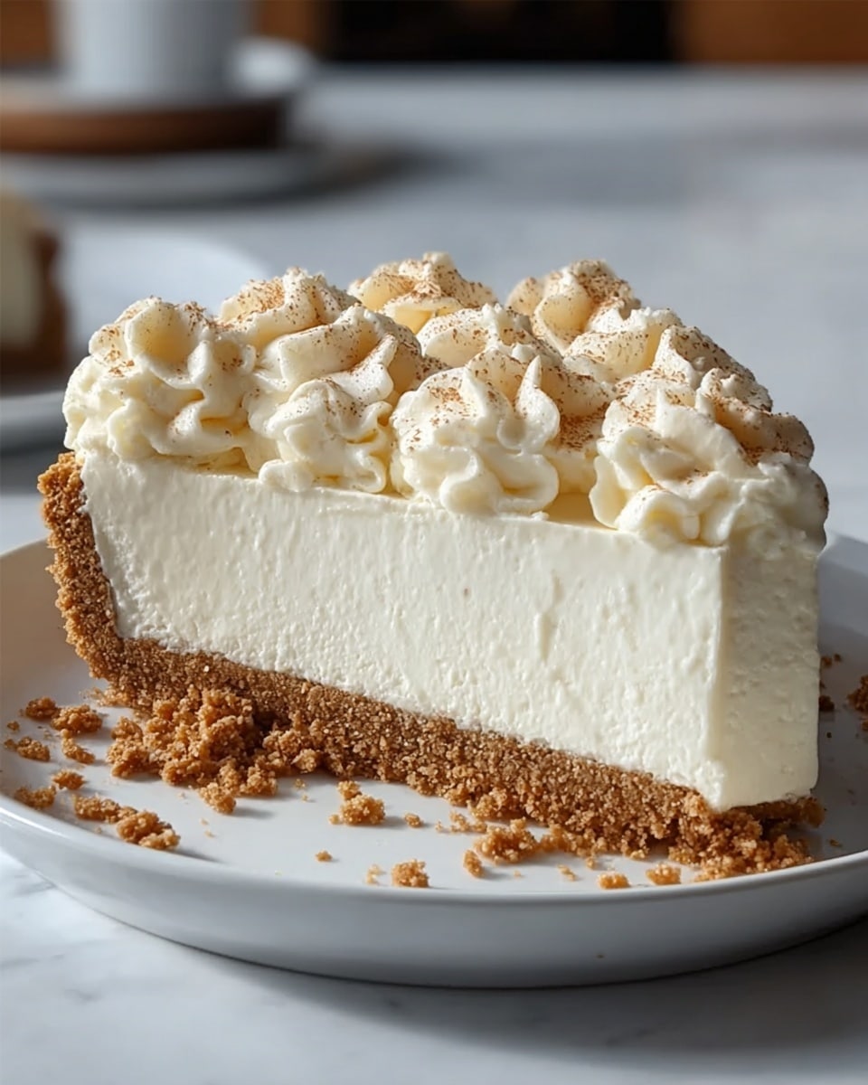 A single slice of pie sits on a white plate, showing three layers: the bottom crust is a golden brown crumbly texture, the middle layer is thick and light caramel in color with a smooth finish, and the top layer is thick, white, and creamy. The top of the pie is decorated with a swirl of whipped cream and a handful of toasted marshmallows, which are light golden with some darker brown spots. The pie is placed on a wooden surface with a blurred kitchen background, and the photo taken with an iphone --ar 4:5 --v 7