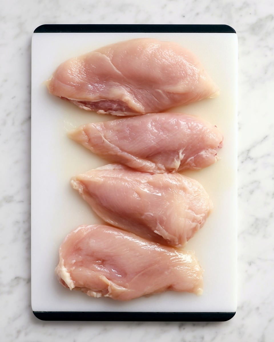 The image shows four raw chicken pieces placed in a row on a white cutting board with black edges, set on a white marbled surface. Each piece is pale pink in color with a smooth, slightly shiny texture. The pieces vary slightly in shape, with gentle curves and some natural lines running through them. The top two pieces are a little smaller and more rounded, while the bottom two pieces are longer and slightly thinner. The lighting highlights the moist surface of the chicken and the soft shadows underneath. photo taken with an iphone --ar 4:5 --v 7