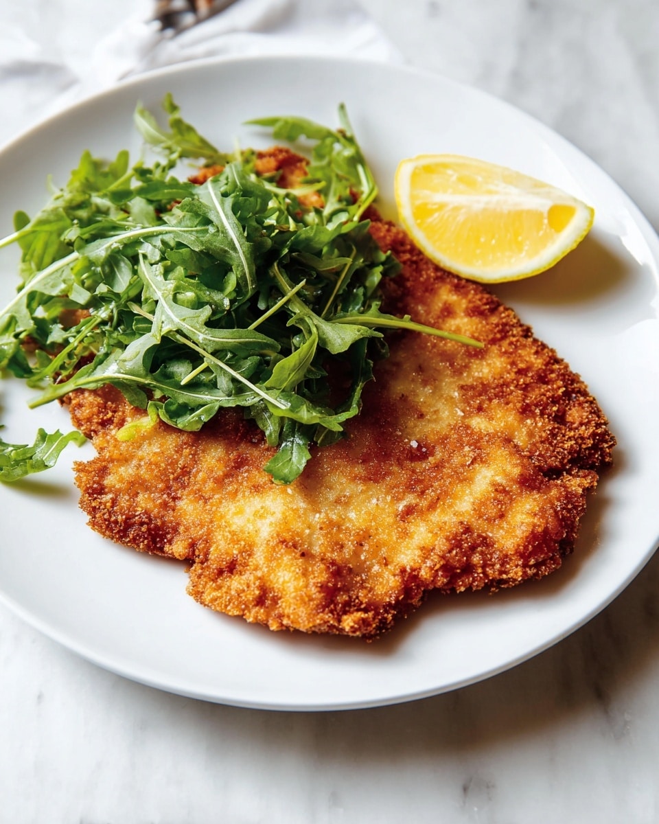 A white plate sits on a white marbled surface holding one large, golden-brown crispy fried cutlet as the bottom layer. On top of the cutlet, there is a small bunch of fresh green arugula leaves that provide a bright contrast. A wedge of yellow lemon is placed to the right side of the cutlet, adding a pop of color. The textures show the crunchiness of the cutlet and the freshness of the leafy greens. Photo taken with an iphone --ar 4:5 --v 7