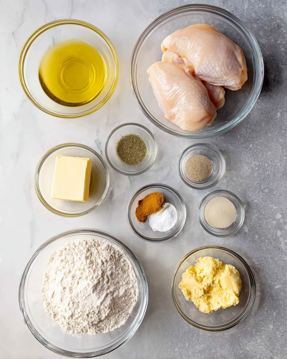 The image shows various cooking ingredients placed on a white marbled surface. At the top right corner, there is a clear bowl with two raw chicken pieces that are pale pink with smooth texture. To the left of this bowl, there is a small clear bowl with light yellow oil. Below these, a clear measuring cup holds light yellow chicken broth. In the center, a small glass bowl contains a stick of yellow butter. To the right, there are three small clear bowls with white salt and black pepper, light brown and white powders, and a thick yellow paste or mustard. At the bottom left, a larger clear bowl has white flour with a soft powdery texture. All bowls are transparent glass, and everything is neatly arranged. photo taken with an iphone --ar 4:5 --v 7