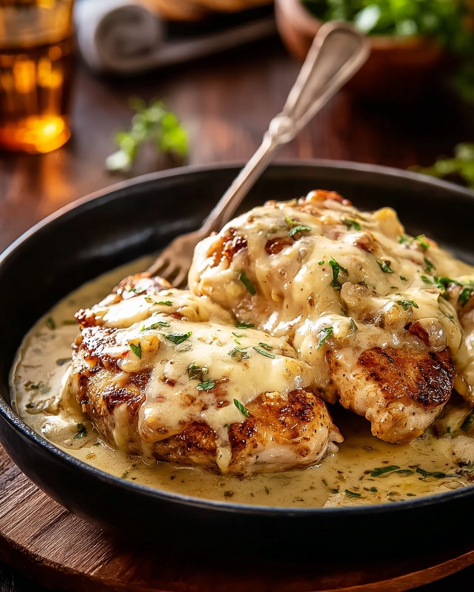 A black bowl holds two pieces of browned chicken covered with a thick, creamy cheese sauce that coats the chicken fully, pooling slightly in the bowl. There are small green herb pieces sprinkled evenly over the cheese. A fork is resting in the bowl behind the chicken. The bowl sits on a dark wooden surface, and the background shows blurred elements with warm light. The overall look is rich, warm, and inviting. photo taken with an iphone --ar 4:5 --v 7