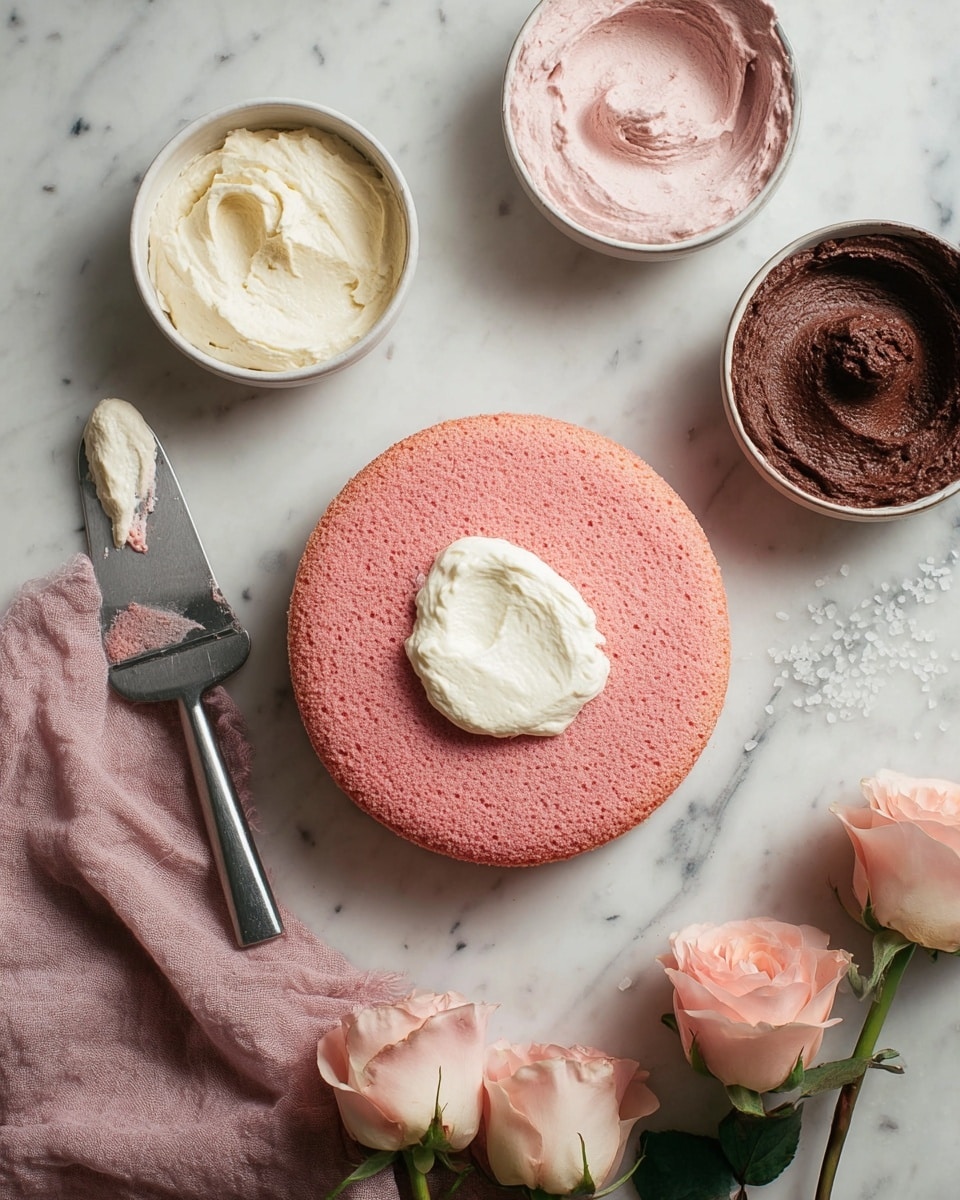 A single round pink cake layer is placed on a white marbled surface, with a dollop of white cream spread on its center. Nearby, a metal spatula with white cream on its tip rests next to a small bowl filled with more white cream. Two additional bowls sit on the surface; one contains light pink cream, and the other holds dark brown chocolate cream sprinkled lightly with salt flakes. A soft pink cloth and some pale pink roses with green stems and leaves are arranged casually around the cakes and bowls, adding a gentle touch to the scene. photo taken with an iphone --ar 4:5 --v 7