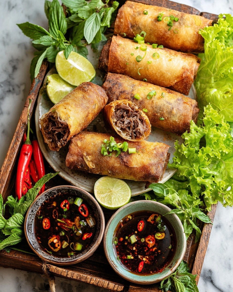 Four shiny golden-brown spring rolls are placed closely side by side on a wooden board, each spring roll showing a crispy texture with visible basil leaves wrapped inside the translucent skin. The rolls glisten with a sticky glaze that highlights the meat filling inside. To the right, a white bowl with dark dipping sauce topped with chopped red and green chili pieces sits partially in view. A fresh basil leaf rests near the bowl on the white marbled surface. The scene looks close-up and detailed, showing textures of the crispy rolls and the wet sauce, photo taken with an iphone --ar 4:5 --v 7