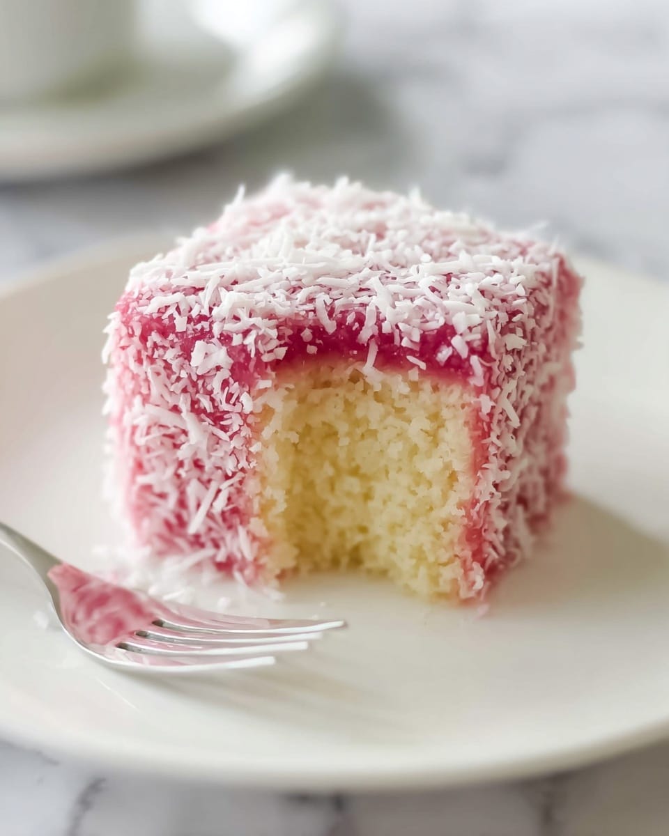 The image shows a small, square cake with three main layers. The outer layer is bright pink and covered in white shredded coconut, giving it a rough texture. Inside, there is a thick, soft, light yellow sponge cake layer visible where a bite has been taken out, showing its fluffy texture. The cake sits on a smooth white plate, with a silver fork slightly out of focus in the background. The whole scene is set on a white marbled surface, creating a clean and bright look. Photo taken with an iphone --ar 4:5 --v 7