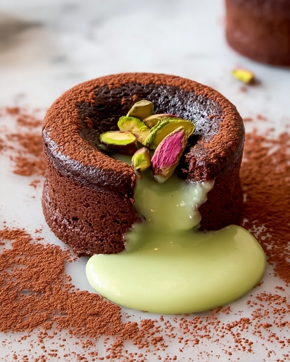 The image shows a small round chocolate cake with a thick, dark brown outer layer that looks soft and slightly cracked. The top center of the cake is decorated with a few green and pink pistachio nuts. The middle of the cake is broken, and a smooth, light green creamy liquid is spilling out onto the white marbled surface, creating a glossy pool. Around the cake, there is a light dusting of cocoa powder, adding texture to the clean background. photo taken with an iphone --ar 4:5 --v 7