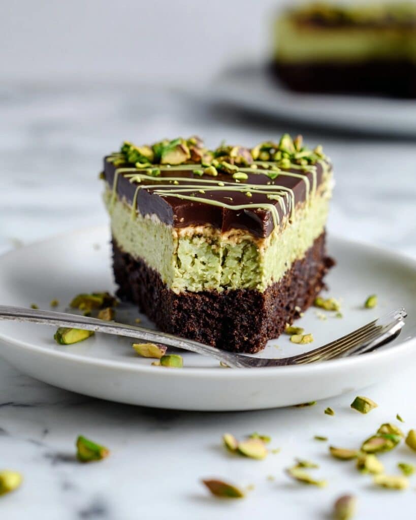 Decadent Chocolate Cake with Pistachio Cream and Kadaif Topping Recipe