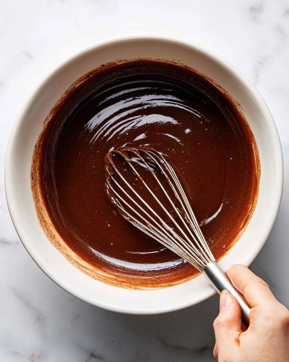 A white bowl filled with dark brown chocolate batter that has a smooth and shiny texture, with light reflections on the surface. A woman's hand is holding a metal whisk, stirring the batter, creating thin lines and swirls in the mixture. The bowl is placed on a white marbled surface, adding a clean and bright background to the rich color of the chocolate batter. photo taken with an iphone --ar 4:5 --v 7