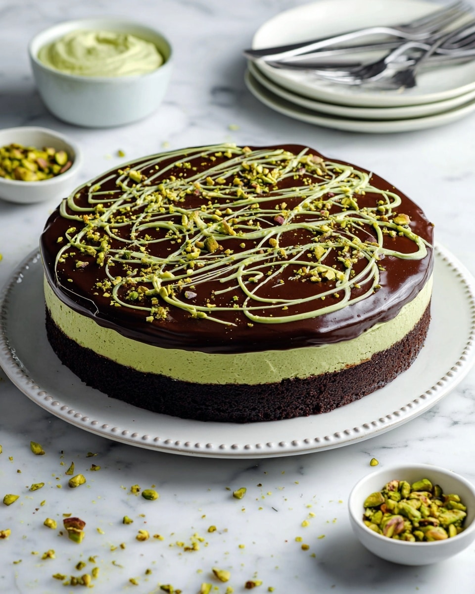 A round, three-layer cake sits on a white plate with small bead-like edges. The bottom layer is dark brown and looks soft and dense. The middle layer is thick, creamy, and light green with a smooth texture. The top layer is a shiny dark chocolate glaze drizzled with light green sauce in swirling patterns and sprinkled with small chopped green nuts on top and around the plate. The cake rests on a white marbled surface scattered with some green nut pieces. In the background, there is a small white bowl filled with green cream, a few white plates stacked with two forks on top, and another small white bowl holding more chopped green nuts. Photo taken with an iphone --ar 4:5 --v 7