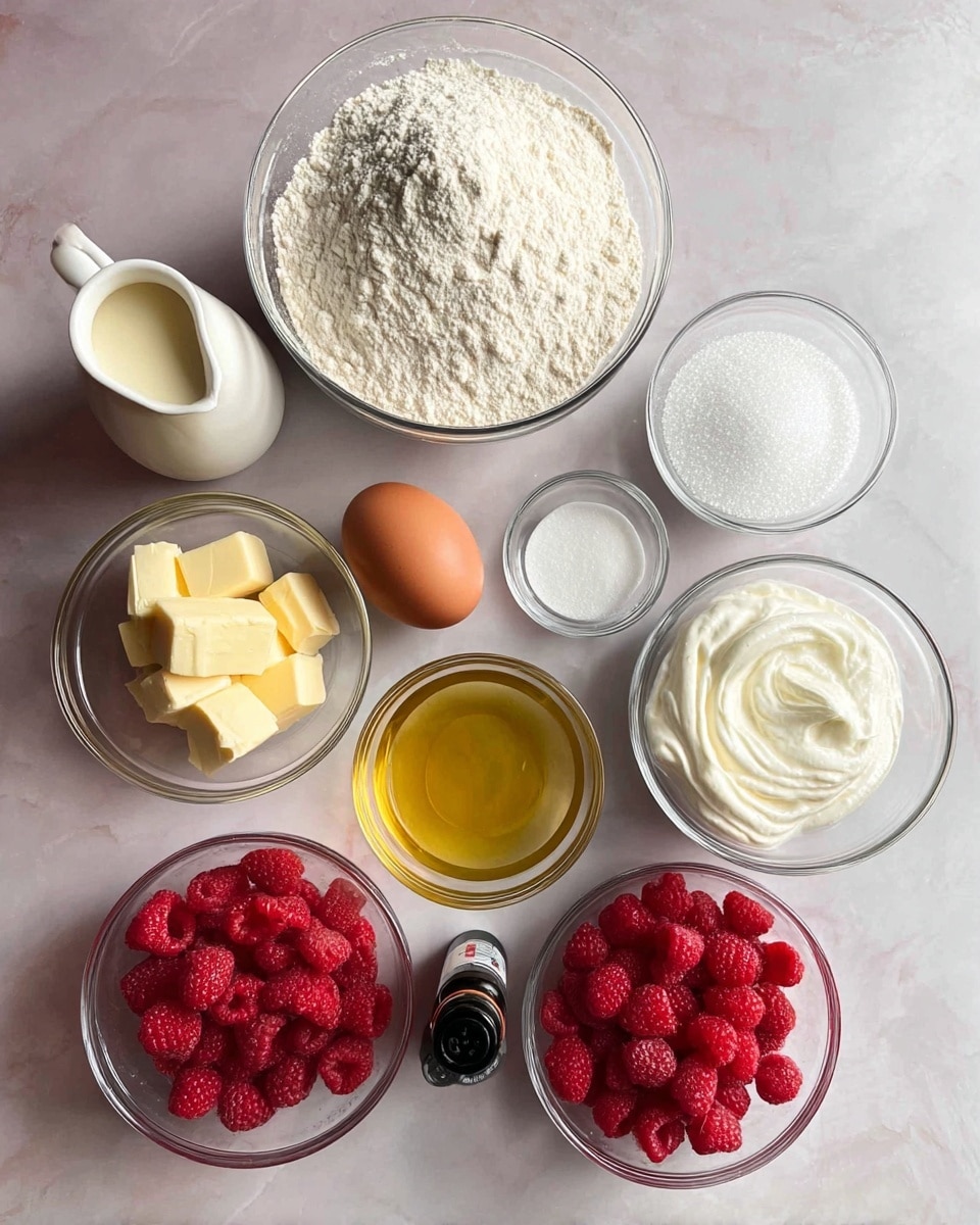 The image shows ten clear glass bowls and a brown egg arranged on a white marbled surface. At the top center is a large bowl full of white flour with a soft, powdery texture. To its right is another large bowl with white granulated sugar, slightly shining. Below the flour bowl to the left is a small pitcher with light beige cream or milk. A single brown egg lies next to it. At the center is a small bowl with golden yellow oil, showing a smooth liquid surface. Below that, slightly to the left, is a bowl with soft yellow cubes of butter. To the right of the oil is a small bowl with a clear liquid, likely vanilla or water. Below the butter is a bowl with fresh red raspberries, detailed and plump. Next to it on the right is a bowl with thick white cream, smooth and fluffy. To the right again is a small bowl with fine white powder, likely baking powder or soda. At the bottom center is a small black bottle of vanilla extract. photo taken with an iphone --ar 4:5 --v 7