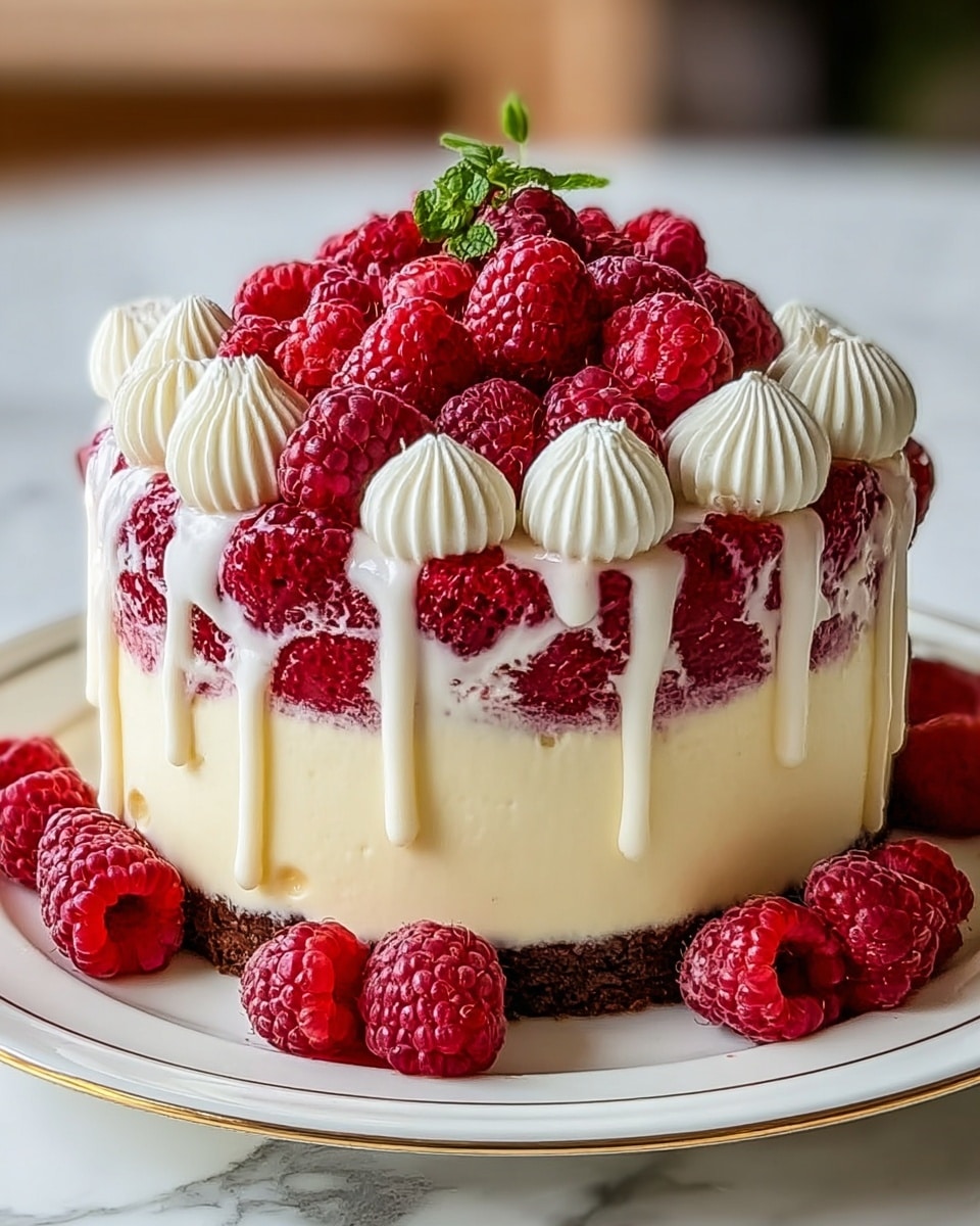 A small round cake with three main layers is shown. The bottom layer is a thin, dark brown base. The middle layer is thick and creamy white, with red raspberries pressed inside close to the top part of this layer. The top of the cake is covered with white cream that drips down the sides in soft, smooth streams. On top of the cream are many large red raspberries arranged in a circle, with a few swirls of white cream between them. There are also a few raspberries placed around the base of the cake. The cake sits on a white plate with a thin gold edge, placed on a white marbled surface. Photo taken with an iphone --ar 4:5 --v 7