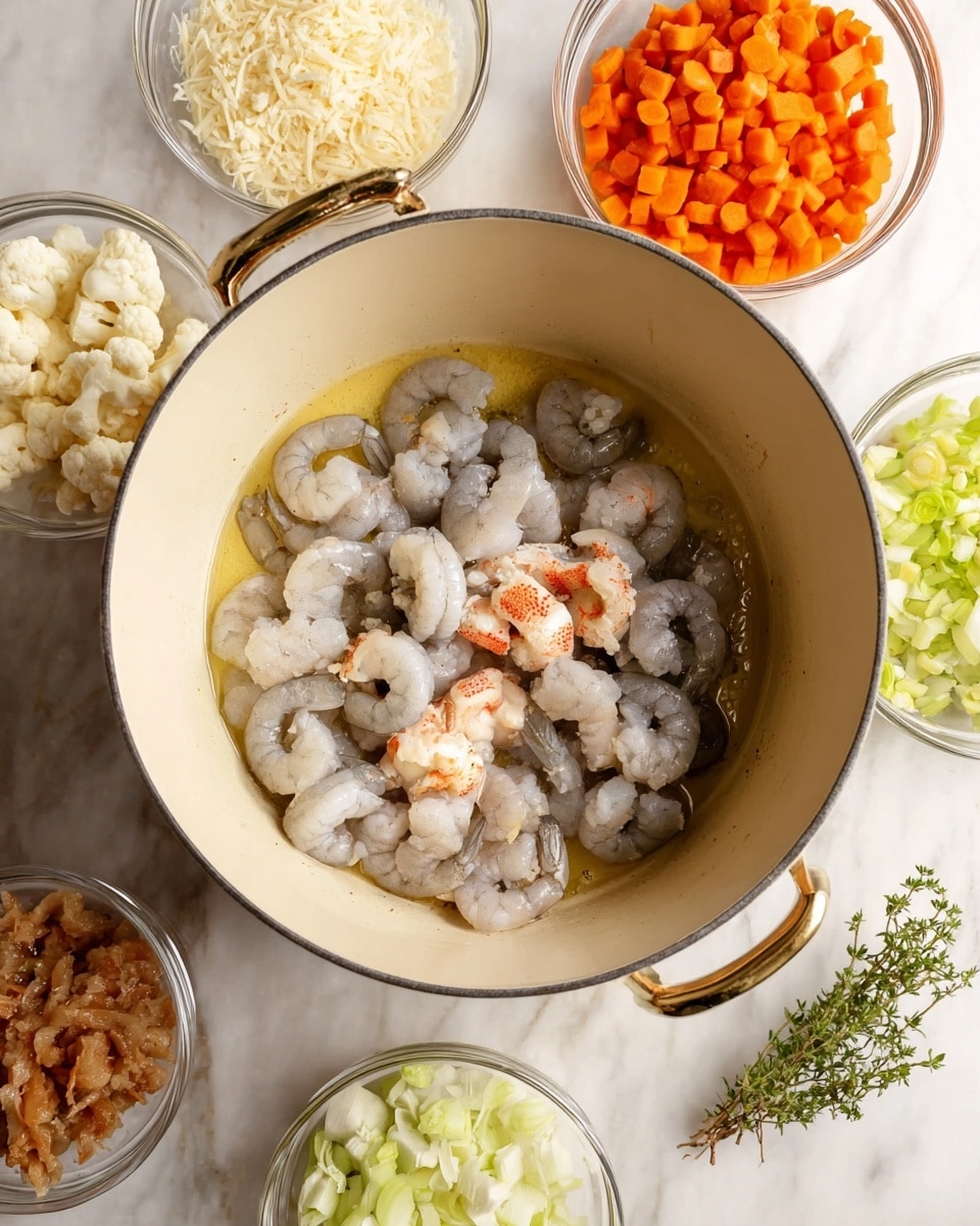 The image shows a large cream-colored pot with raw gray shrimp and small pieces of light pink lobster tails in the center, sitting in melted butter at the bottom. Around the pot on a white marbled surface are seven clear glass bowls with various chopped ingredients: bright orange carrots, light brown minced shallots, pale green celery, small white cauliflower florets, and finely shredded white cheese. The top edge of the pot and a bit of gold handle are visible, with a few green herb sprigs peeking near the bottom right. photo taken with an iphone --ar 4:5 --v 7