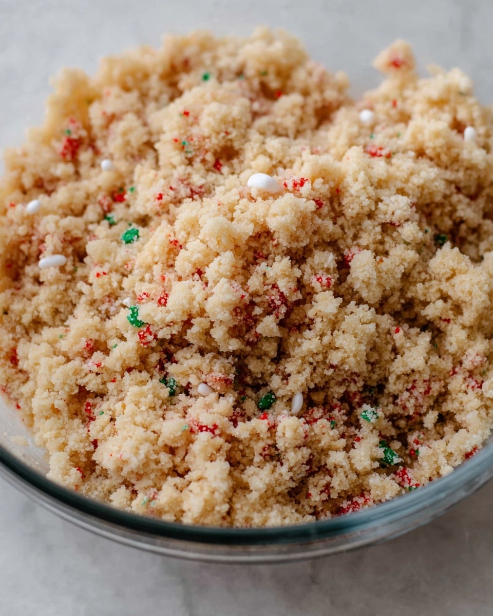 A close-up view of a clear glass bowl filled with a crumbly, light beige mixture that has a grainy texture and small colorful sprinkles scattered throughout, mainly red and green, with some white bits adding to the uneven, chunky appearance. The mixture looks loose and dry, resting on a white marbled surface background, with no other elements in the scene. photo taken with an iphone --ar 4:5 --v 7