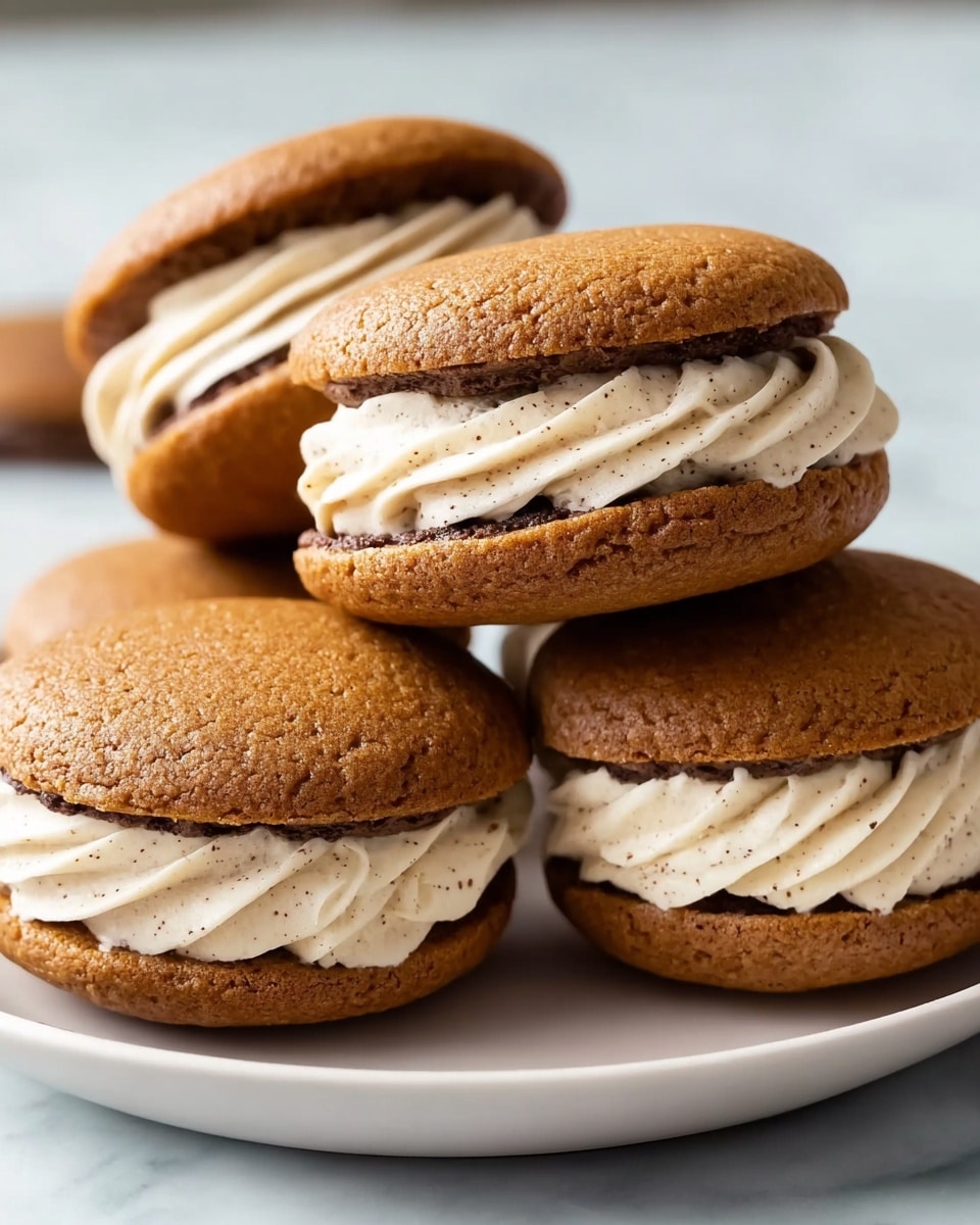 The image shows four sandwich cookies on a white plate with a white marbled background. Each cookie is made with two round, soft brown layers that look slightly cracked on top. Between the two cookie layers, there is a thick swirl of light beige cream with tiny dark specks, giving it a smooth and fluffy texture. The cookies are stacked closely, some leaning on others, highlighting the cream filling in the center. The overall look is warm and inviting, showing a balanced contrast between the rich brown cookies and the light cream. photo taken with an iphone --ar 4:5 --v 7