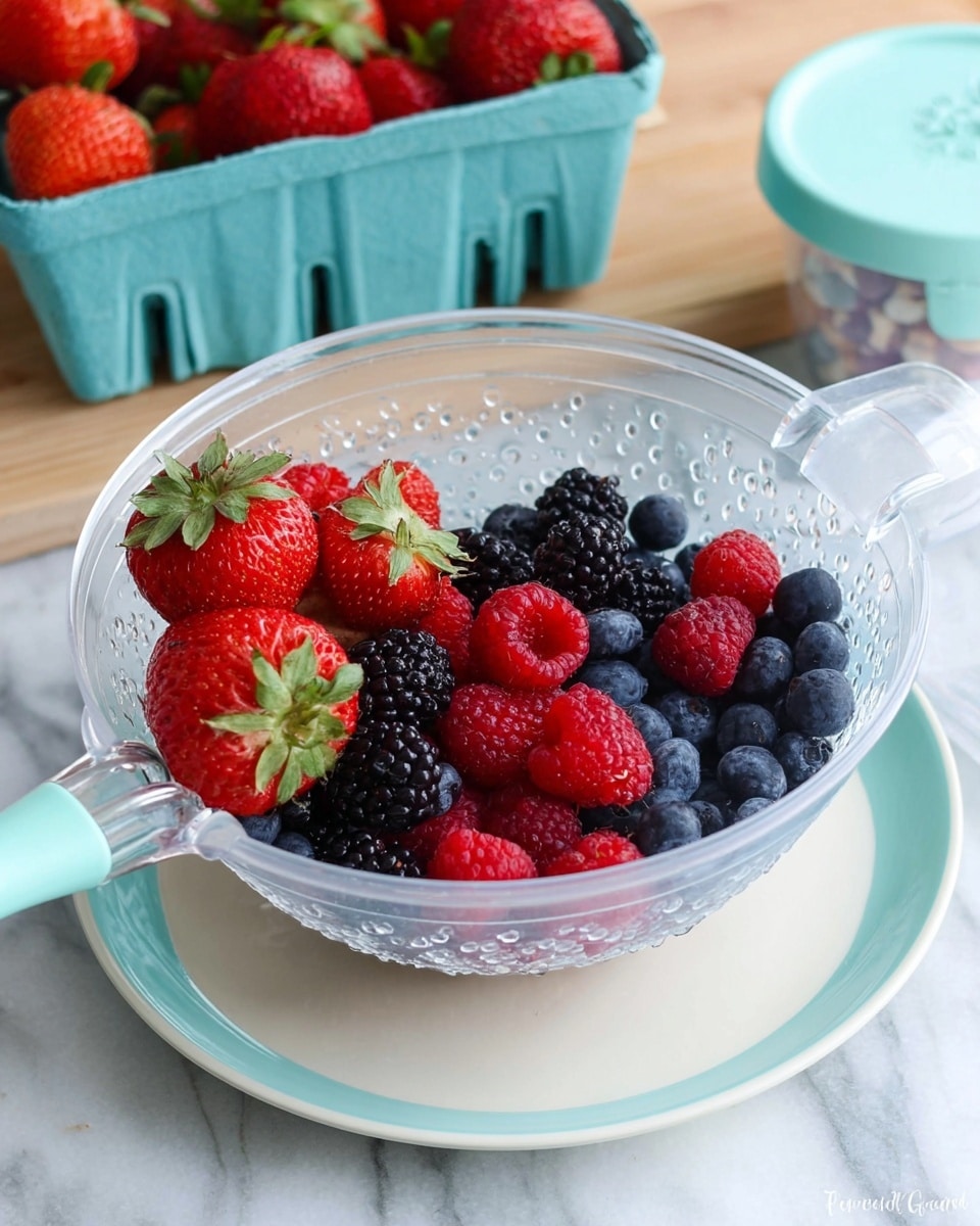 A clear plastic colander filled with a mix of fresh berries: red strawberries with green tops, dark blackberries, blue blueberries, and red raspberries, all resting inside the colander which sits on a white plate with a light blue center. In the background, there is a carton of strawberries on the left and a small container with a light blue lid on the right, all placed on a white marbled surface. The focus is on the vibrant colors of the berries and the clear texture of the colander. photo taken with an iphone --ar 4:5 --v 7