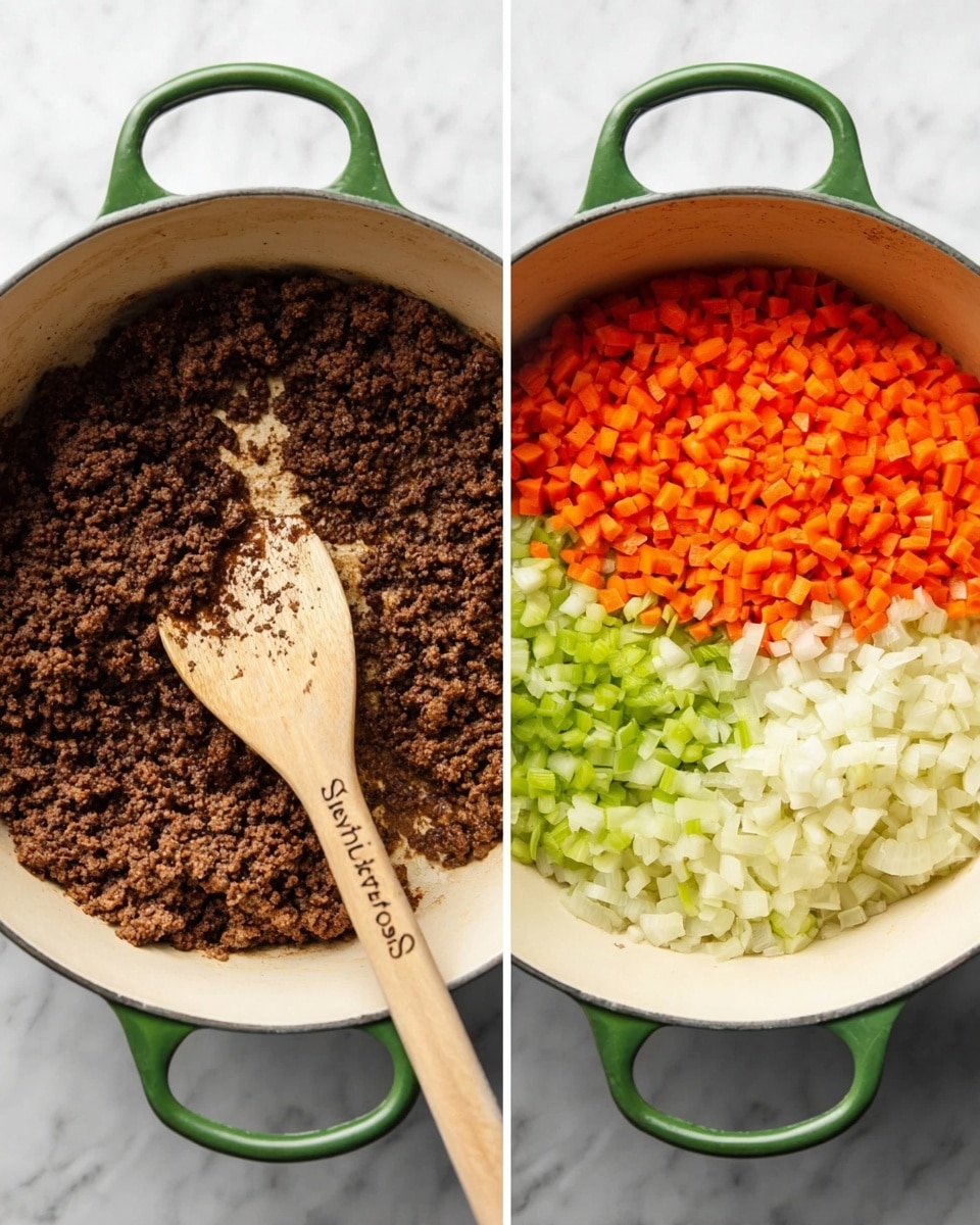 A white cast iron pot with green handles sits on a white marbled surface. Inside the pot, the left image shows one layer of cooked ground beef, dark brown and crumbly, spread evenly across the bottom. A wooden spoon with