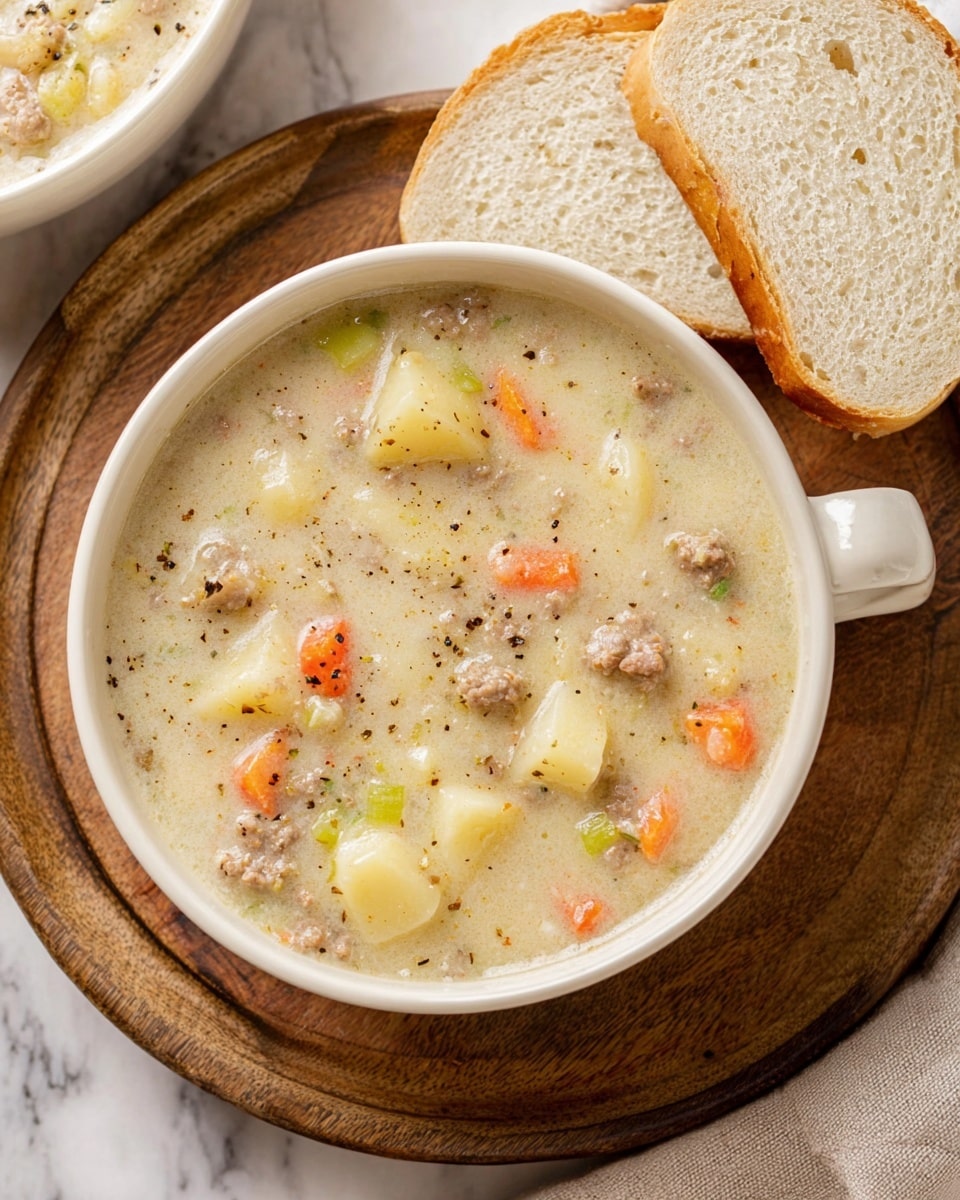 A white bowl filled with thick, creamy soup showing layers of small chunks of light yellow potatoes, small orange carrot pieces, and small bits of brown ground meat evenly mixed in a pale beige broth. The bowl sits on a round wooden board on top of a thick cream knitted cloth with two slices of crusty white bread placed behind it. A gold spoon is on the right side of the bowl, and the background is a white marbled texture. Photo taken with an iphone --ar 4:5 --v 7