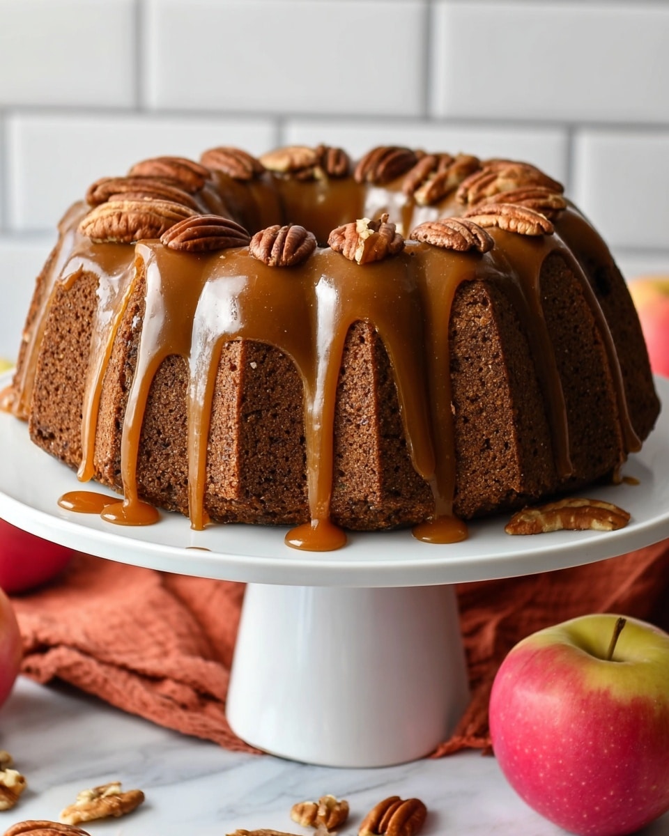 A single-layer round bundt cake with a dark brown color and a textured surface sits on a white cake stand. The top of the cake is covered with smooth caramel sauce that drips down the sides in thick streams. Whole pecans are scattered evenly over the caramel on top of the cake. The cake stand is placed on a white marbled surface with a piece of rust-colored cloth partially underneath it. Around the stand, there are a few pecans and apples with red and pink skin. The background has white subway tiles. Photo taken with an iphone --ar 4:5 --v 7