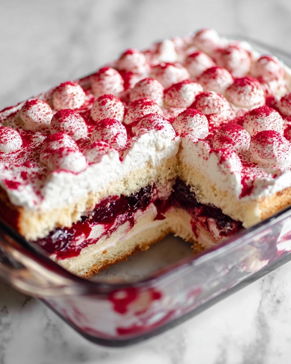 The dessert is shown in a clear rectangular glass dish with a section taken out, revealing three layers inside. The bottom layer is dark red fruit filling with a soft texture, followed by a light creamy layer, then a thick pale sponge cake in the middle. Above the cake, there is another layer of dark red fruit and a thick white cream layer on top, decorated with many small, round dollops of whipped cream that are dusted with bright red powder. The dish is set on a white marbled surface. Photo taken with an iphone --ar 4:5 --v 7