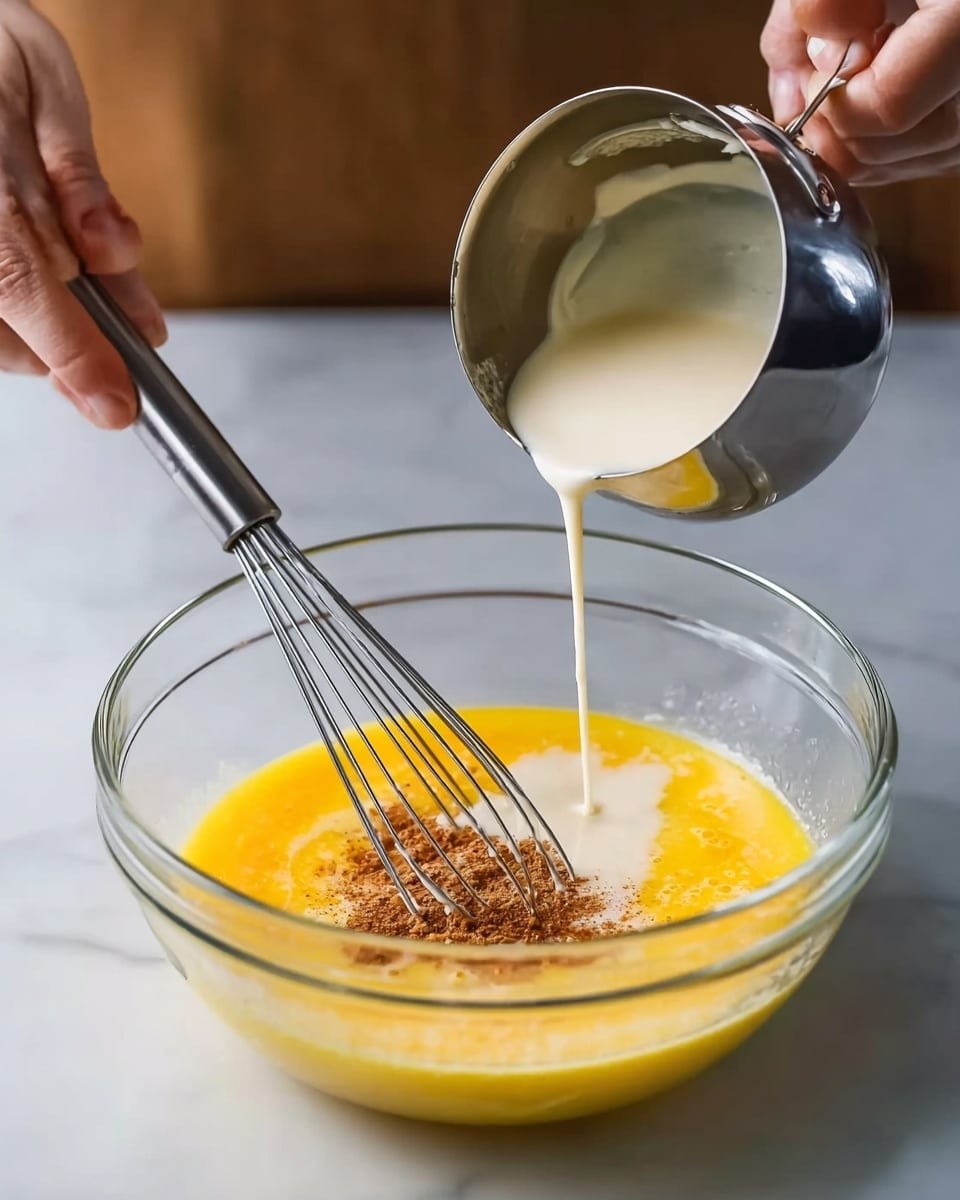 A clear glass bowl sits on a white marbled surface, filled with a bright yellow liquid that looks like beaten eggs mixed with some brown powder in the center. A woman's hand holds a silver whisk inside the bowl, stirring the mixture. From above, another person's hand pours a light cream-colored liquid from a small metal saucepan into the bowl, adding a smooth, flowing layer to the yellow base. The background is softly blurred, focusing on the mixing action. photo taken with an iphone --ar 4:5 --v 7