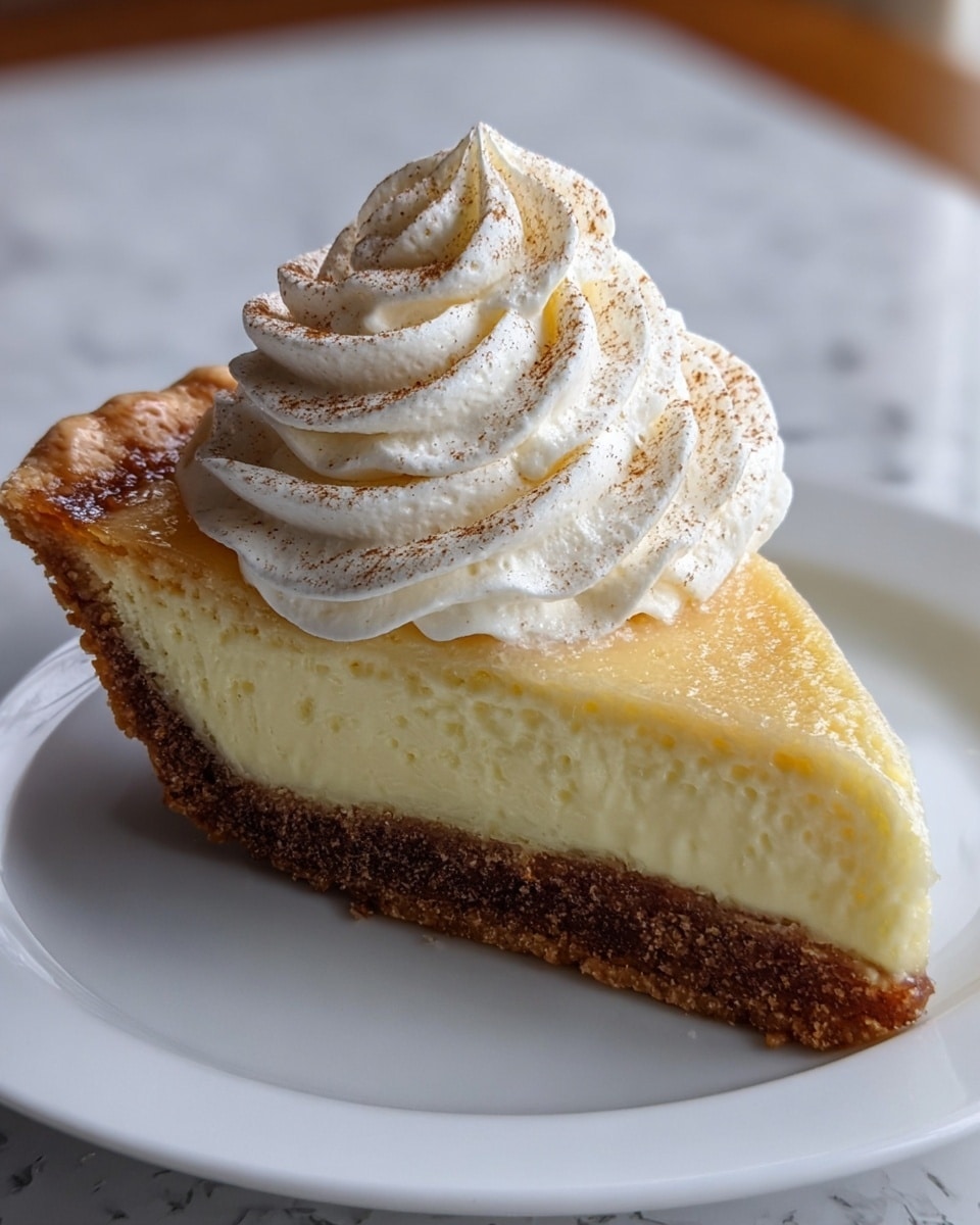 A slice of creamy pale yellow pie with a thick smooth filling sits on a white plate. The crust is golden brown and crumbly, curling up around the edge of the slice. A large swirl of white whipped cream topped with fine brown cinnamon powder is placed in the center on top of the pie. There is also cinnamon powder sprinkled on the plate and pie. Next to the pie slice are two cinnamon sticks and a silver fork. A white cup of coffee and a lit candle in a glass holder can be seen softly in the blurred background, set against a white marbled surface with warm bokeh light spots. Photo taken with an iphone --ar 4:5 --v 7