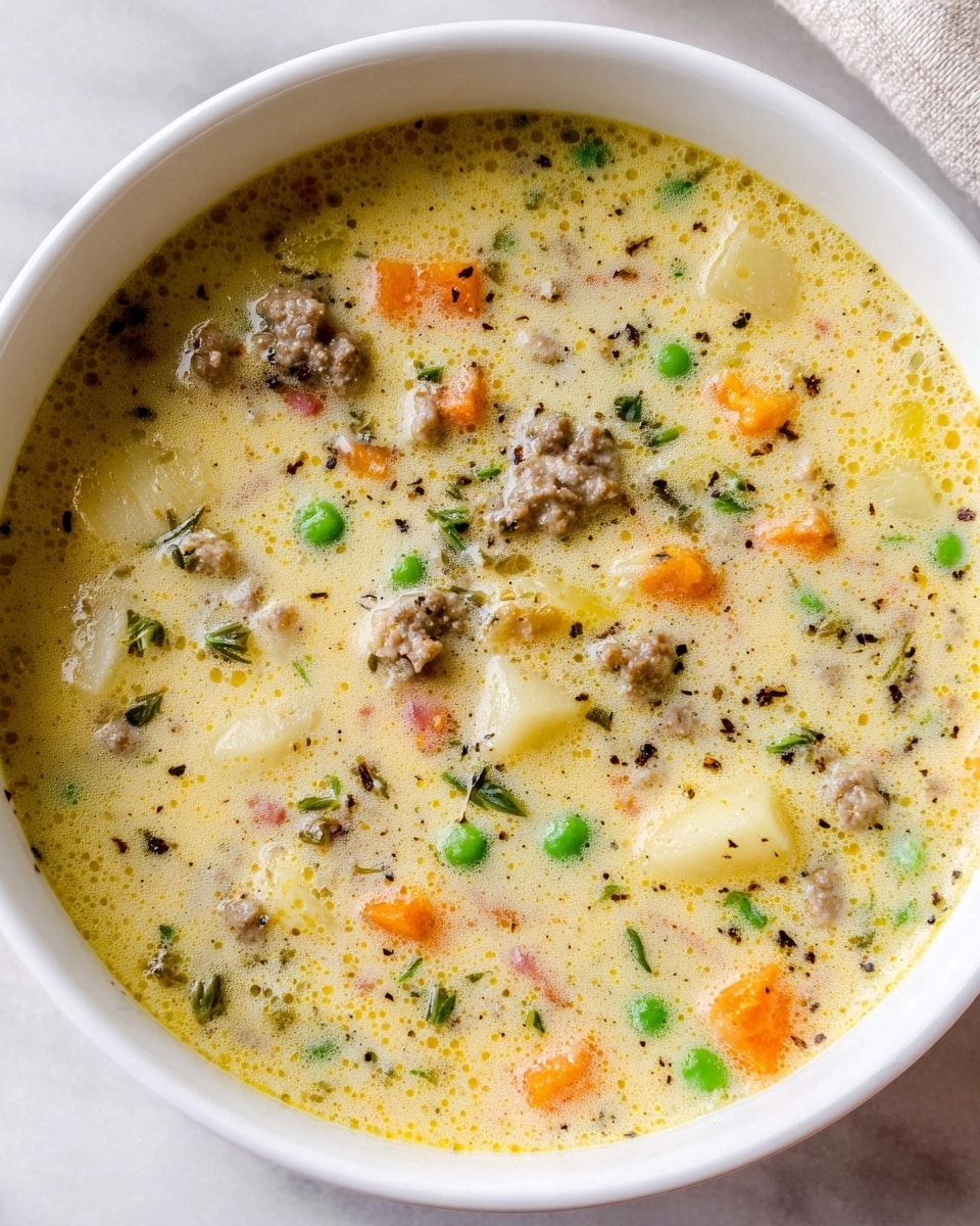 The dish shows a close-up of a thick soup in a white bowl. The soup has three main visible layers: the first layer is a creamy yellow broth that fills the bowl; the second layer contains chunky pieces of tender brown ground meat scattered throughout; the third layer has diced vegetables including orange carrots, small green peas, and pale yellow potatoes, all mixed in and floating near the surface. The soup has small black pepper flakes sprinkled on top. Below, there is an image of cooking with ingredients in a white pot, showing chopped pale green celery, white onions, and browned ground meat being stirred with a wooden spoon on a white marbled surface. photo taken with an iphone --ar 4:5 --v 7