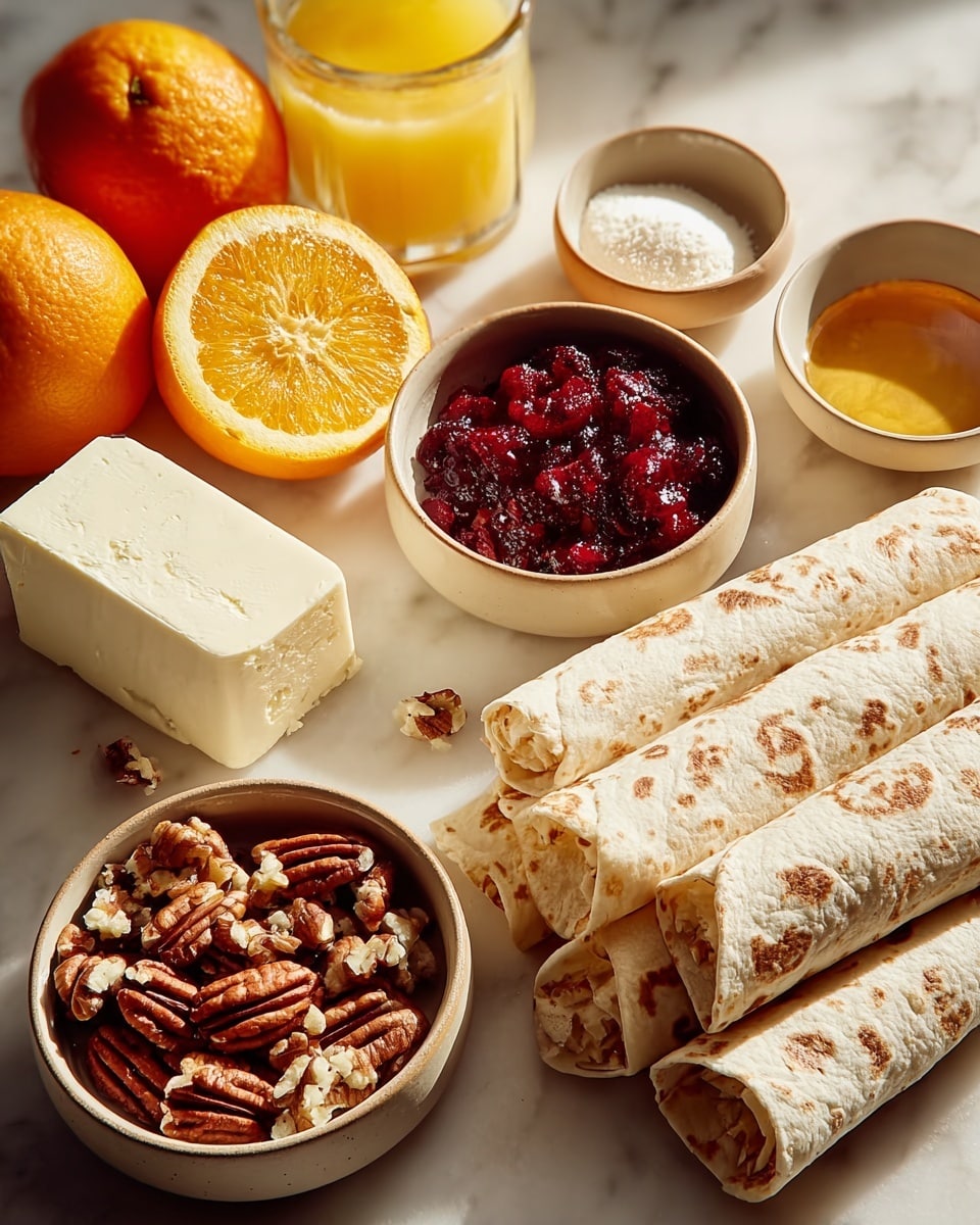 The image shows a white marble surface with several food items arranged closely. On the right, there are three rolled tortillas with a light brown pattern, stacked side by side. In the center, two small beige bowls hold bright red cranberry sauce and chopped pecans with a mix of brown and cream tones. On the left, a solid block of white cream cheese rests near whole pecans scattered around. Behind these, there are three halved oranges with bright orange flesh, a small glass of orange juice, and two small beige bowls, one with white powder and the other with golden honey. The lighting creates soft shadows and a warm, inviting look. photo taken with an iphone --ar 4:5 --v 7