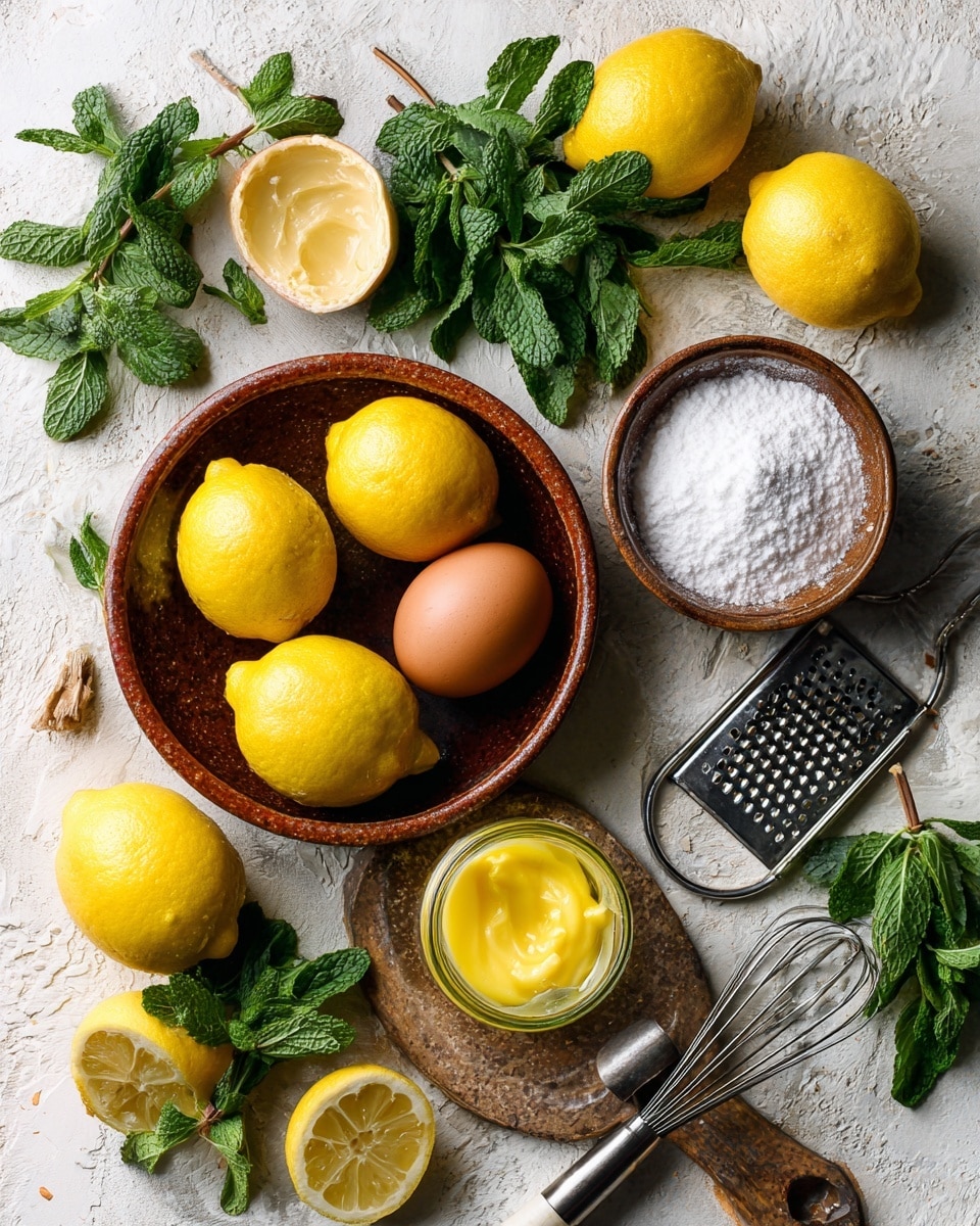The image shows fresh ingredients arranged on a wooden table with a white marbled texture background. There are two brown bowls filled with bright yellow lemons and green mint leaves; one bowl also has brown eggs. Several whole lemons and lemon halves are placed around the bowls. A small bowl of white powdered sugar sits near the top right, next to a metal grater and a spoon with powdered sugar on it. A small glass jar with yellow butter and a metal whisk rest nearby. Fresh mint leaves are scattered across the corners, adding deep green color and texture. The scene is well-lit, showing the contrasting colors and textures clearly. photo taken with an iphone --ar 4:5 --v 7